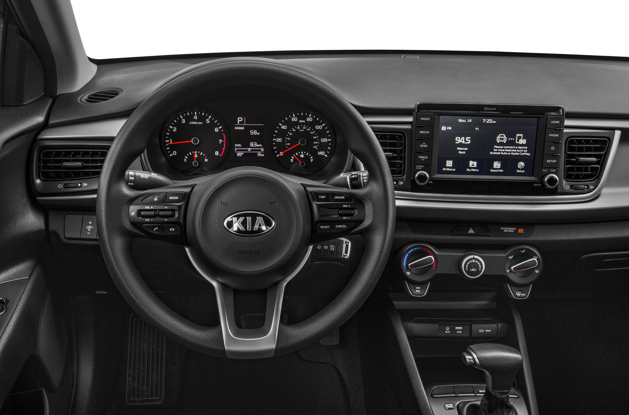 Steering wheel, dashboard, instrument cluster, and infotainment screen view