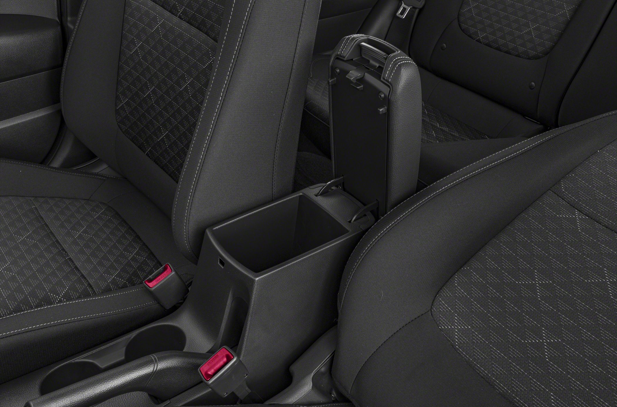 Interior center console storage and patterned fabric seats