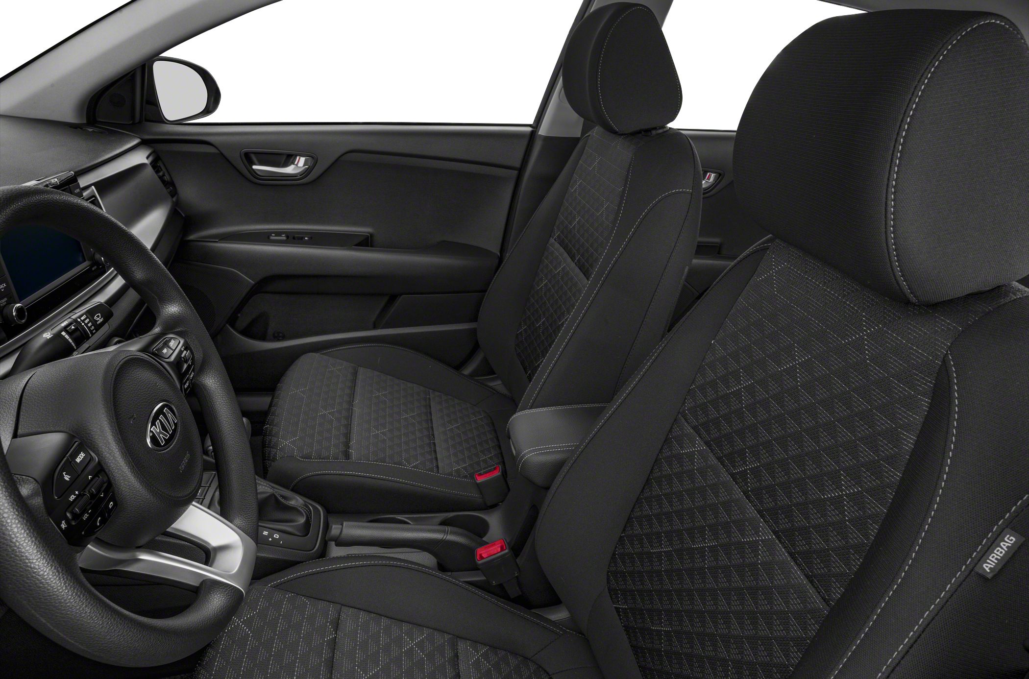 Front seats and dashboard with fabric upholstery and steering wheel