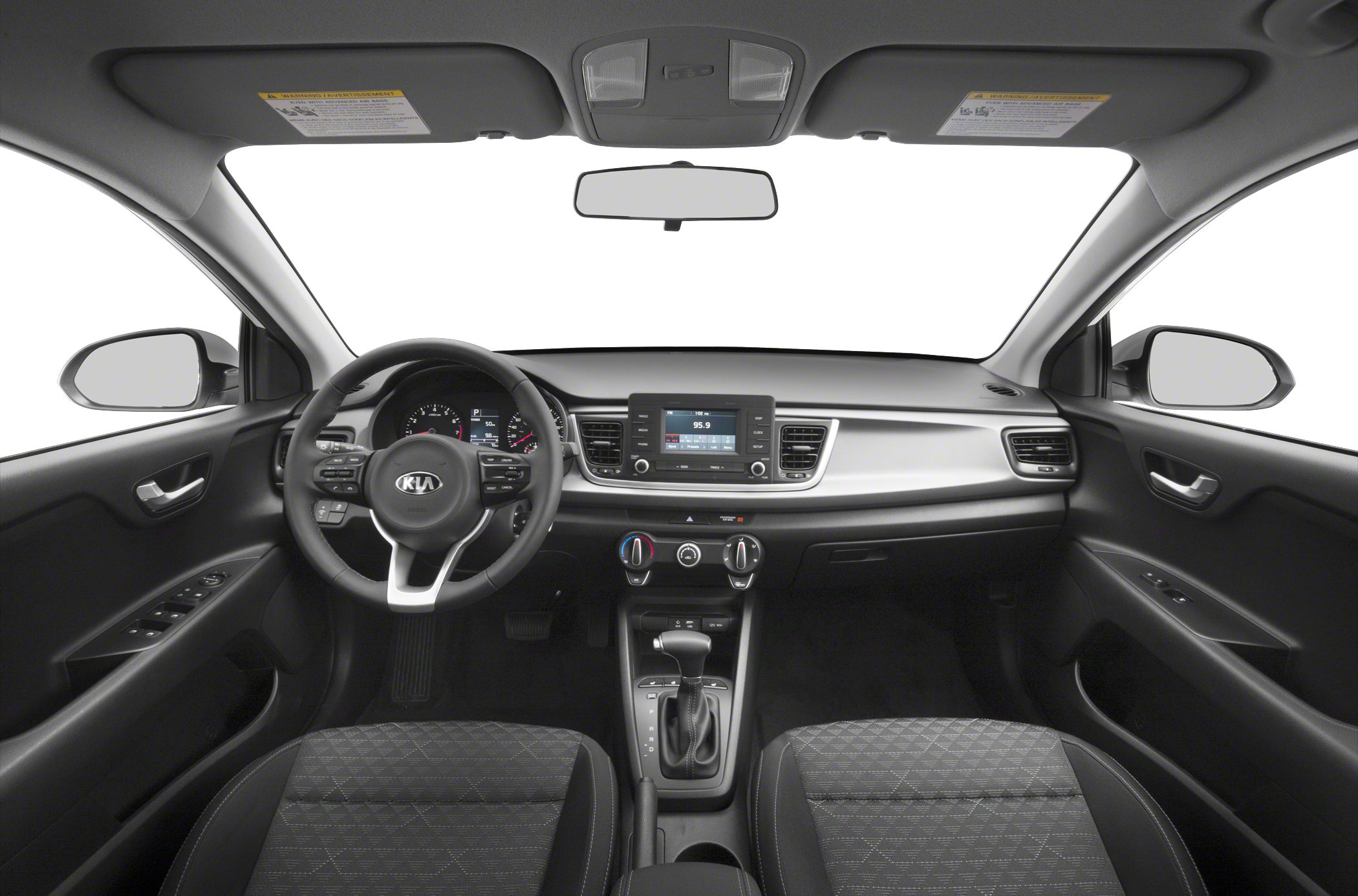 Steering wheel, dashboard with infotainment, center console controls