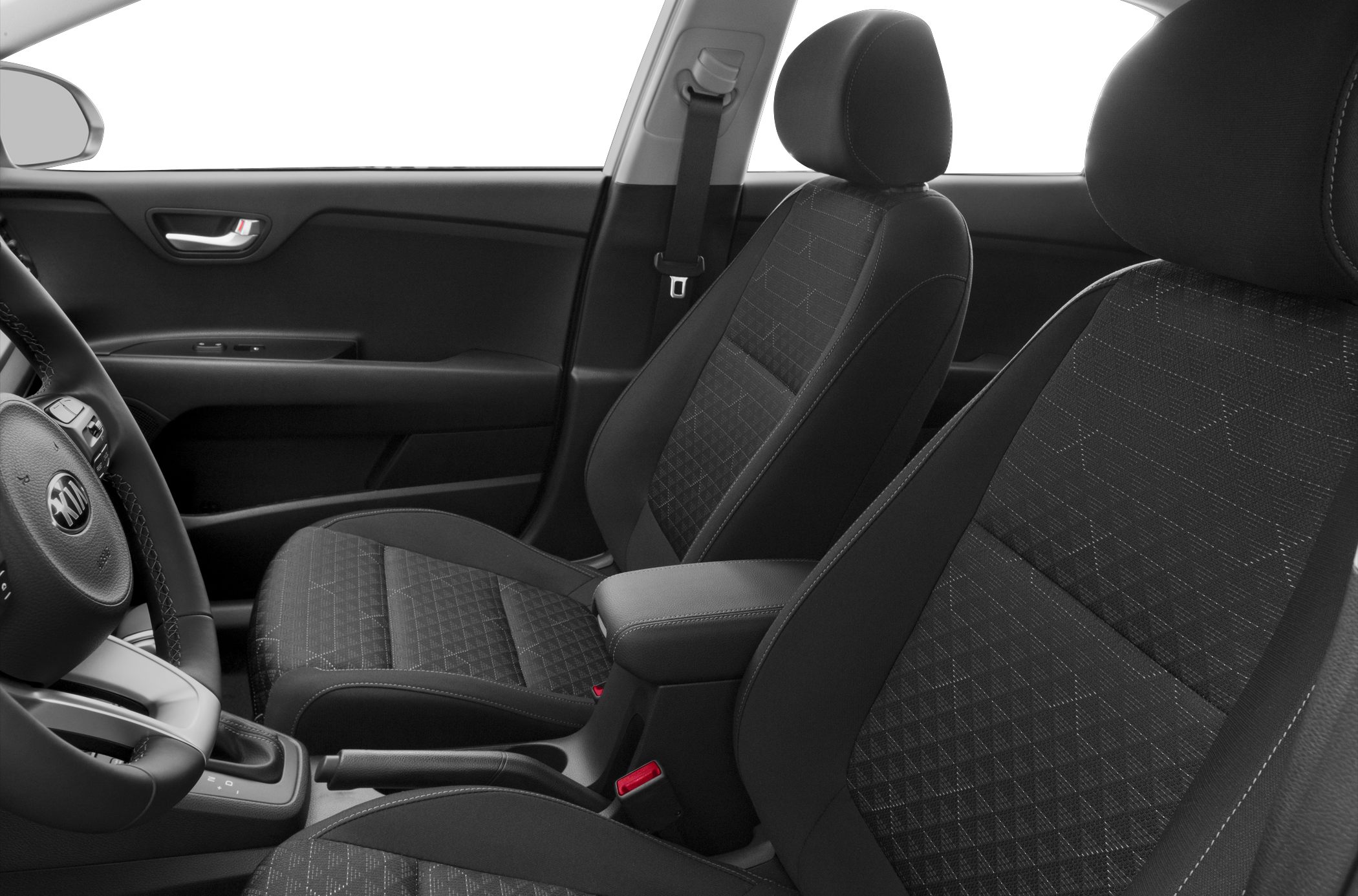 Interior front seats with patterned fabric and steering wheel