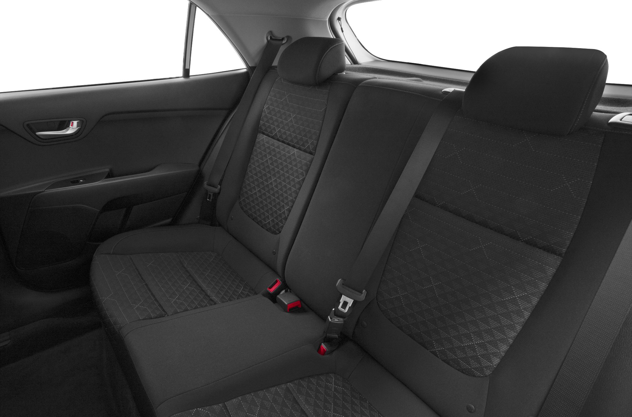 Quilted fabric rear seats with headrests and seatbelt setup