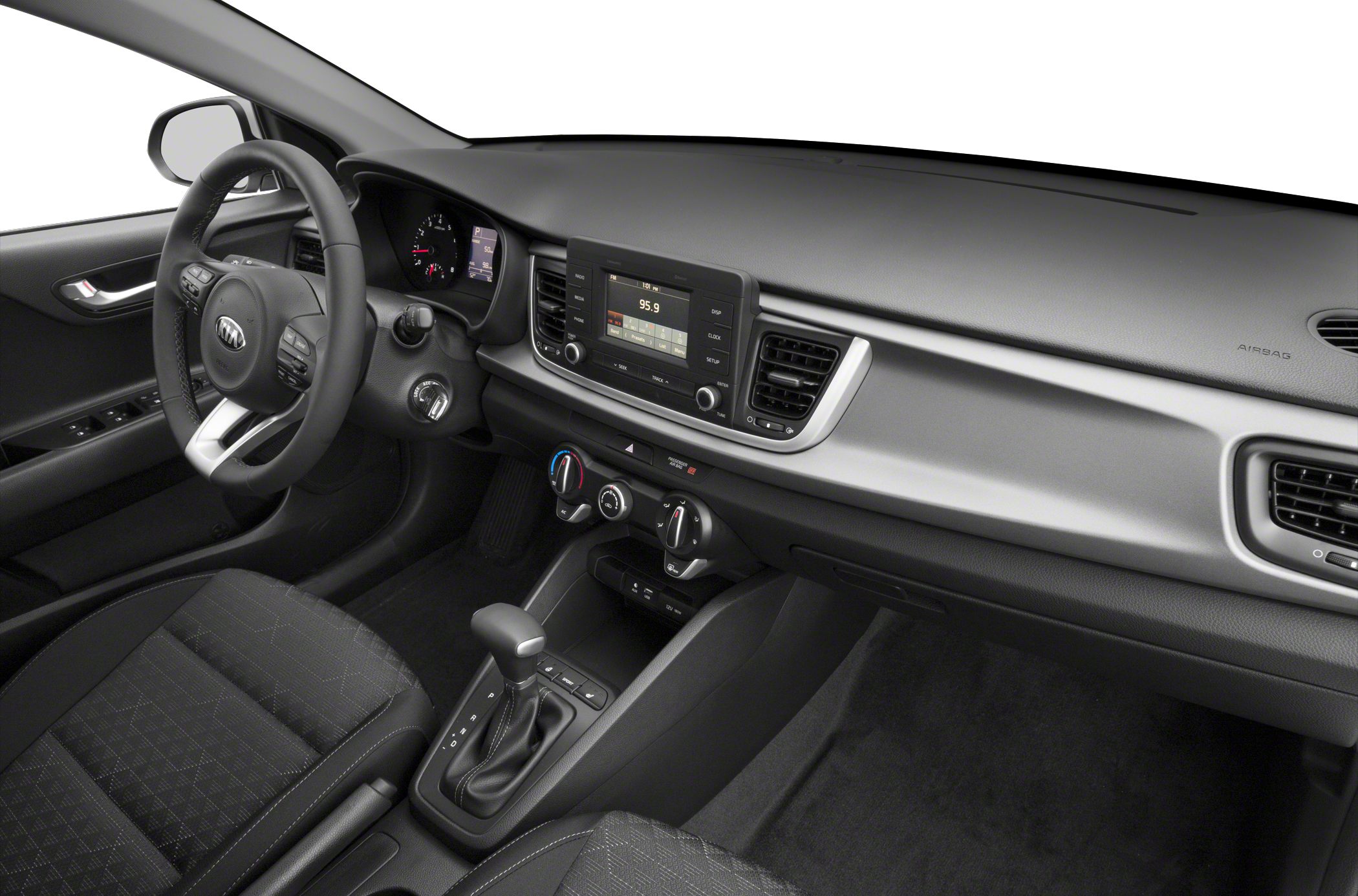 Steering wheel, dashboard, center console, climate controls, infotainment system
