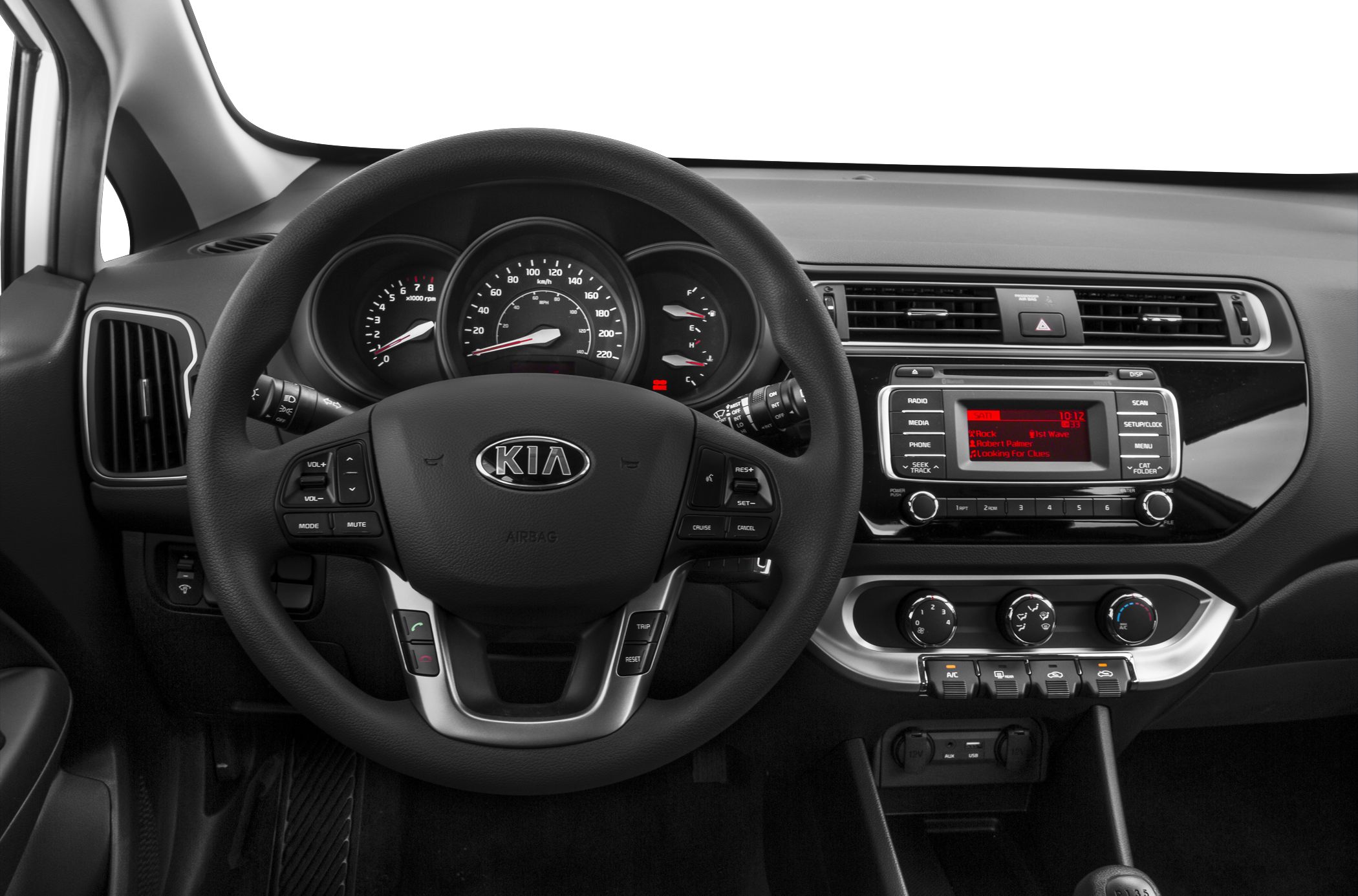 Steering wheel, instrument cluster, infotainment system, and climate control panel.