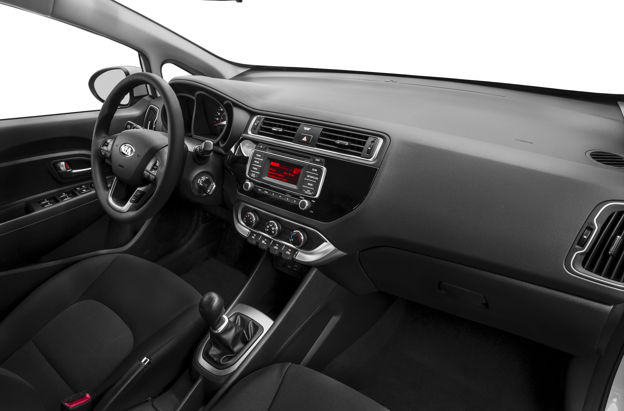 Dashboard and steering wheel interior with manual gearshift and radio display