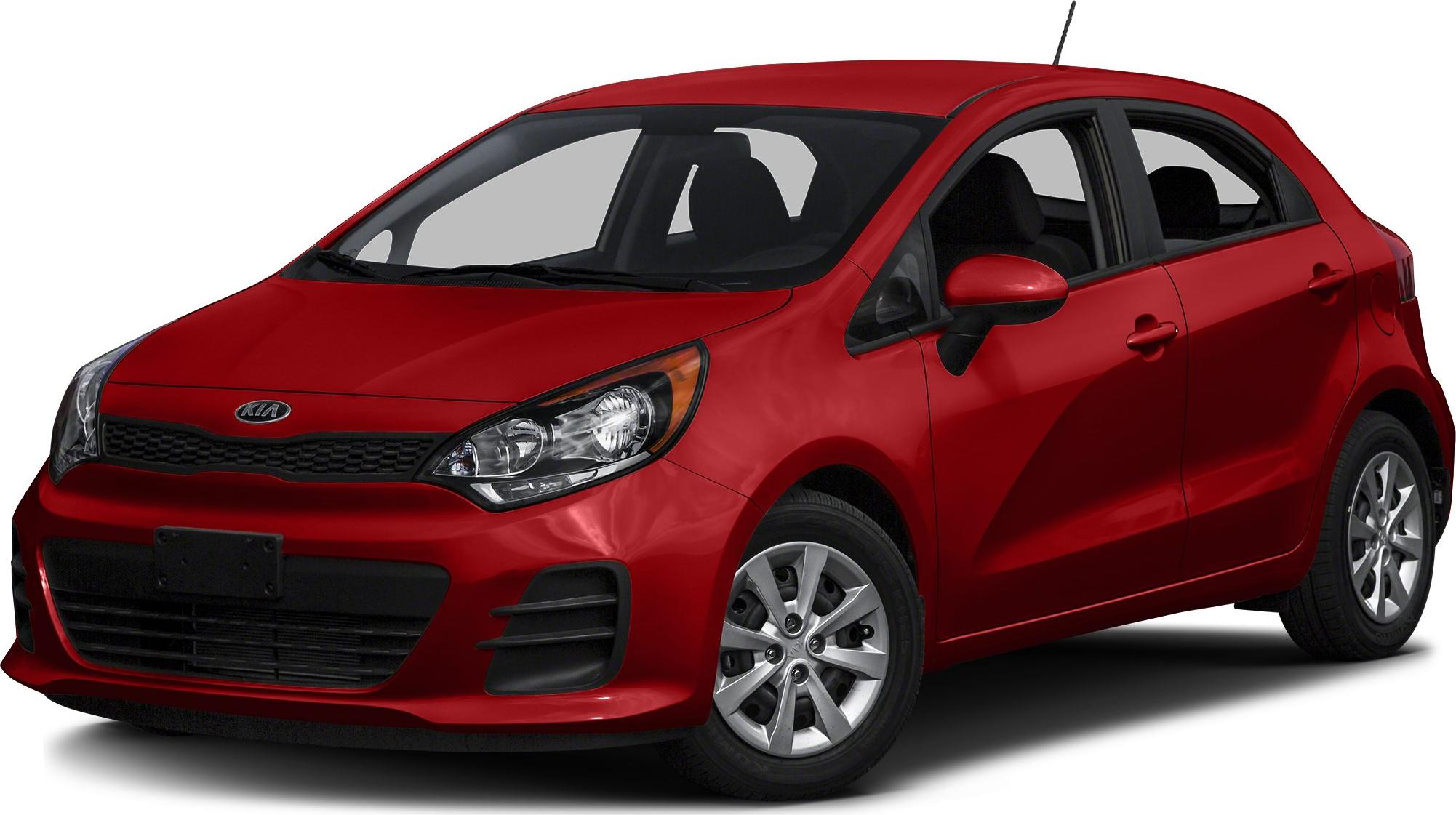 Red hatchback front and side view with modern headlights and alloy wheels