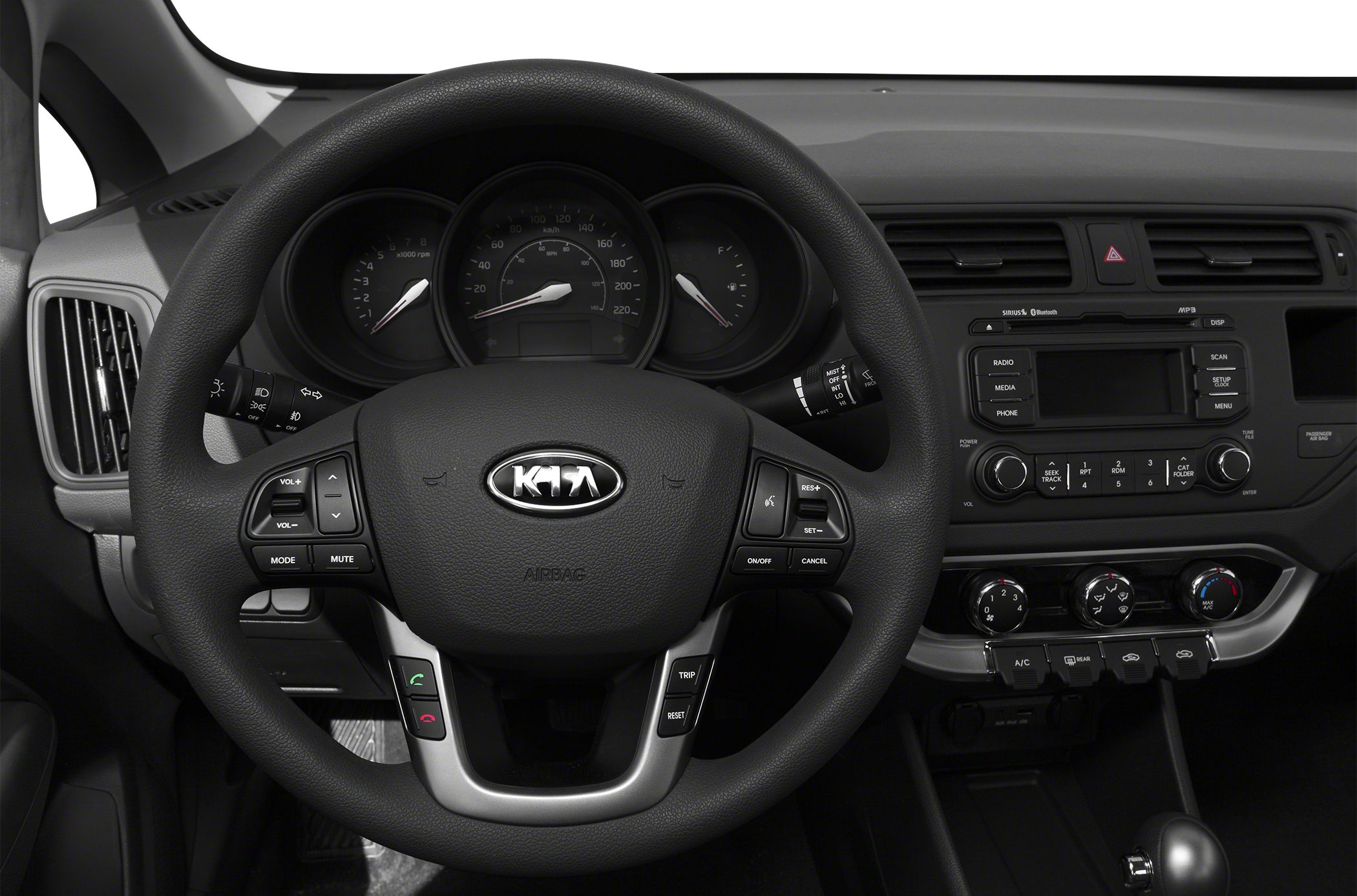 Steering wheel, instrument cluster, and dashboard controls inside a car