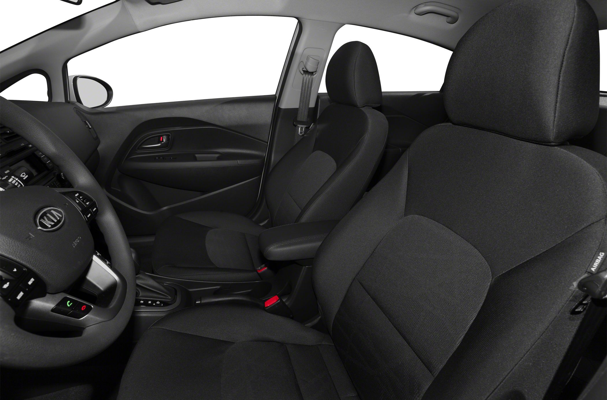 Front bucket seats with fabric upholstery and steering wheel close-up