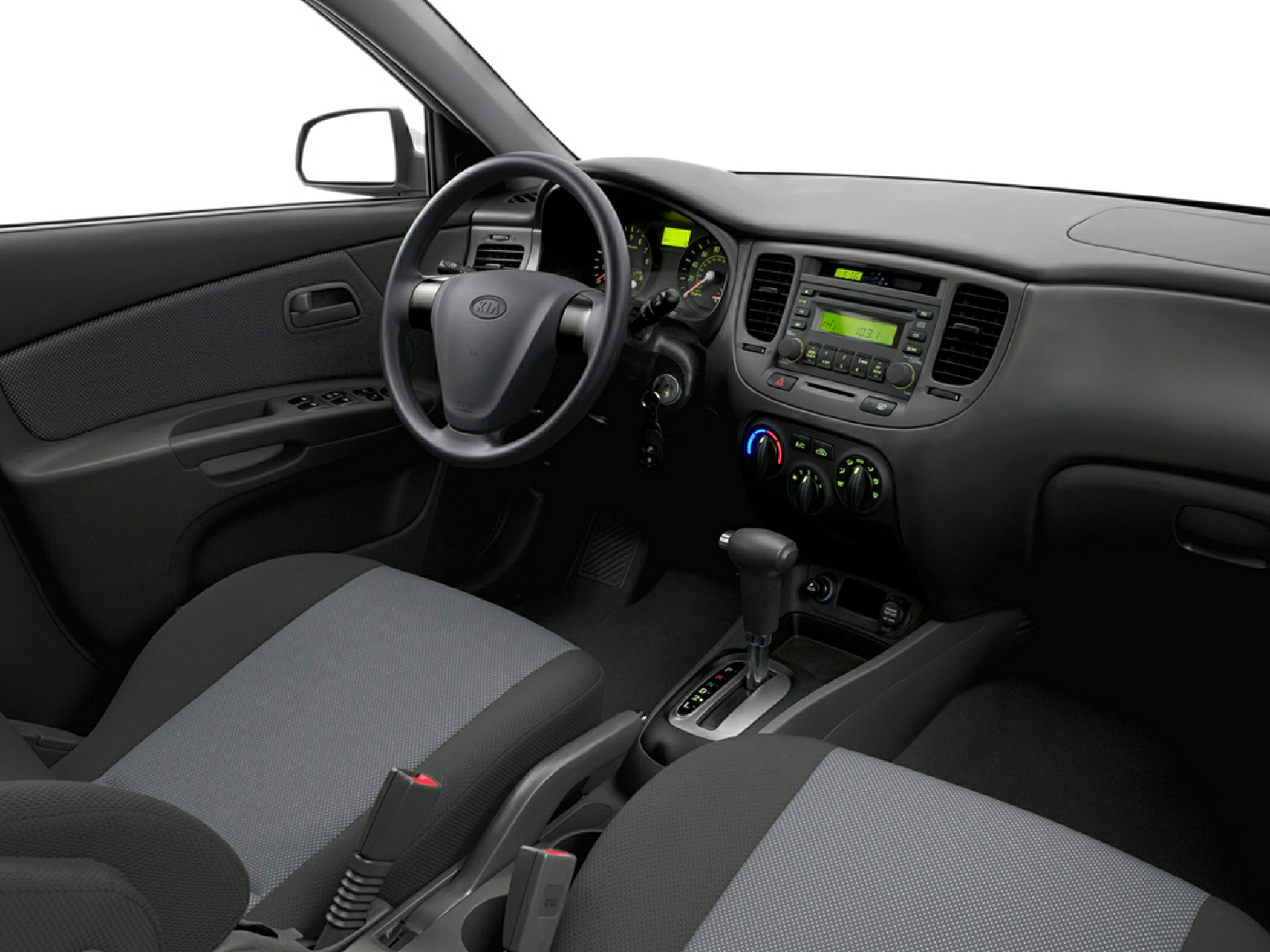 Sedan interior with steering wheel and automatic gear shift console