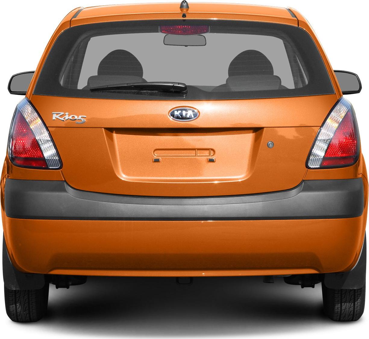 Rear of an orange hatchback with taillights and rear windshield wiper