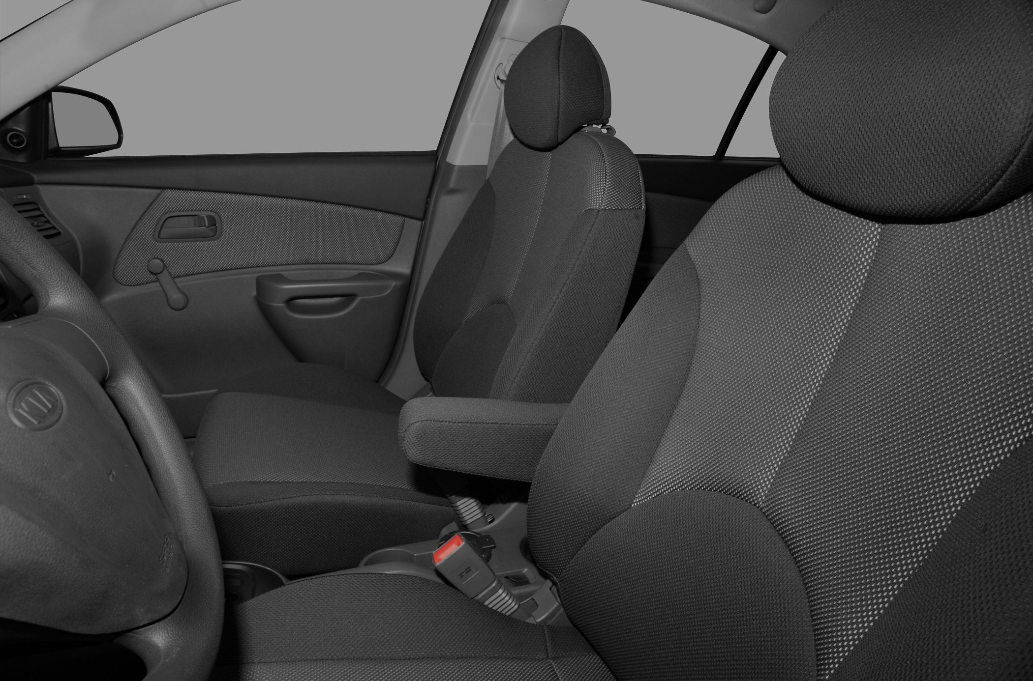 Black fabric front seats and door panel with manual window crank