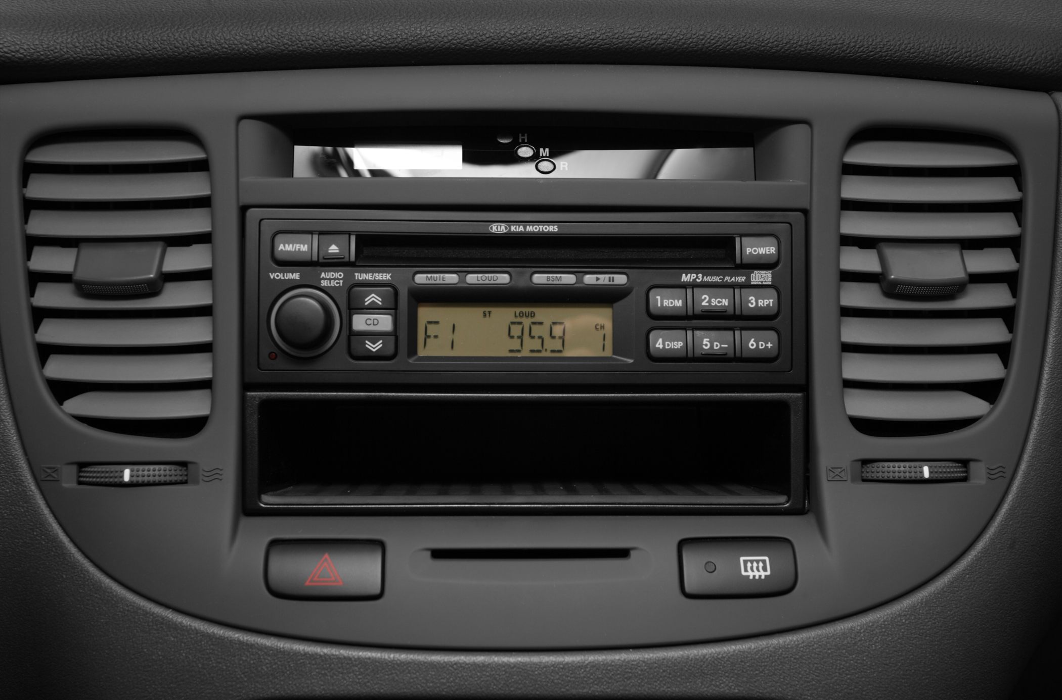 Car radio and dashboard panel with ventilation controls and buttons