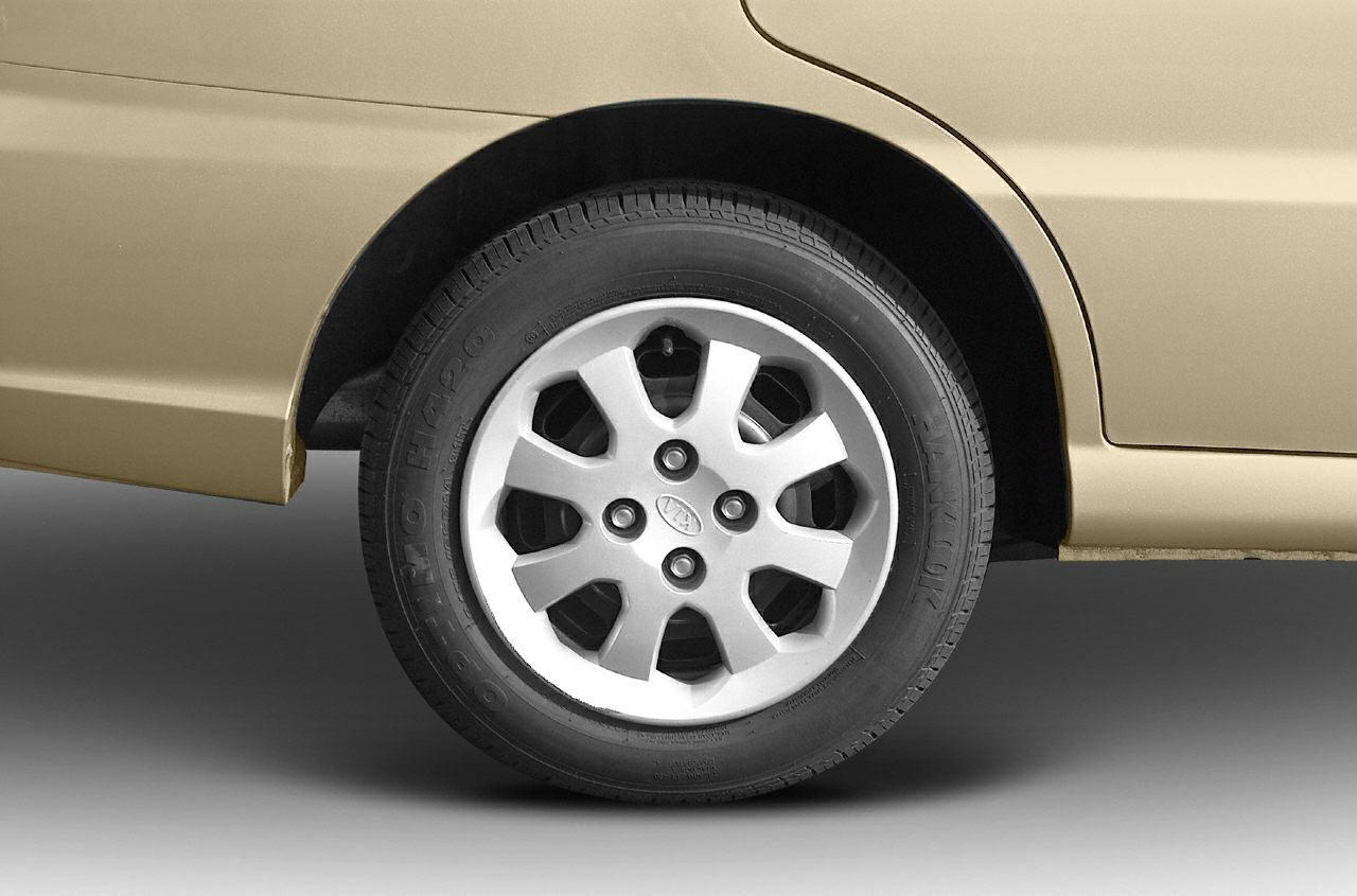 Close-up of a steel wheel with hubcap and tire on a sedan rear side