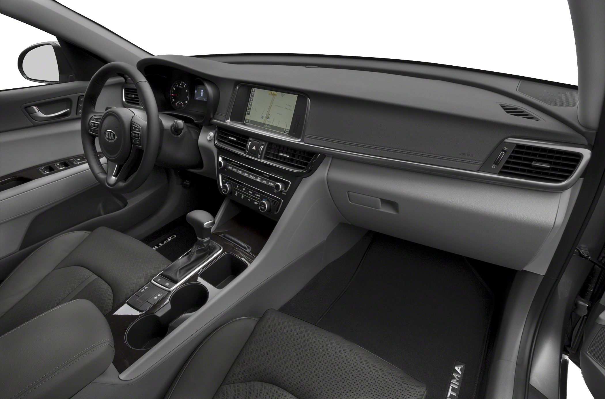 Modern car interior with touchscreen display and automatic gear shift