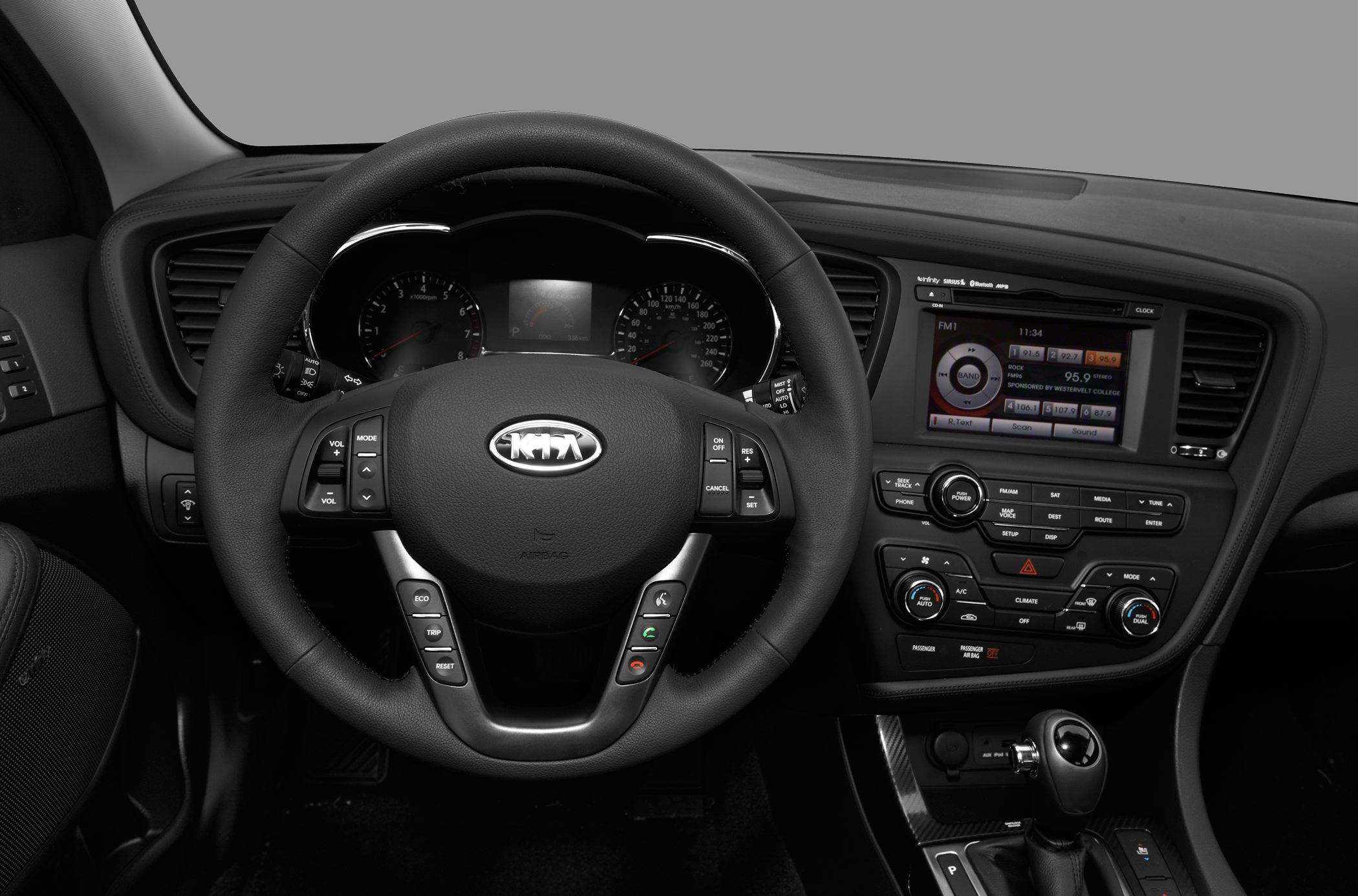 Steering wheel with controls and dashboard display in car interior