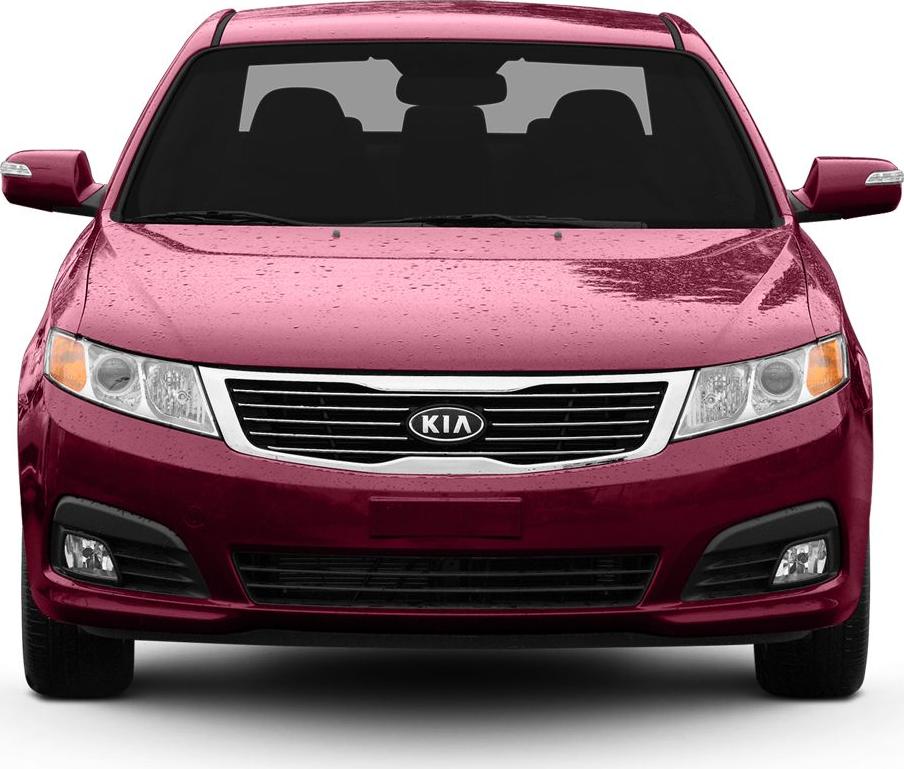Front view of sedan with grille, headlights, and rain droplets