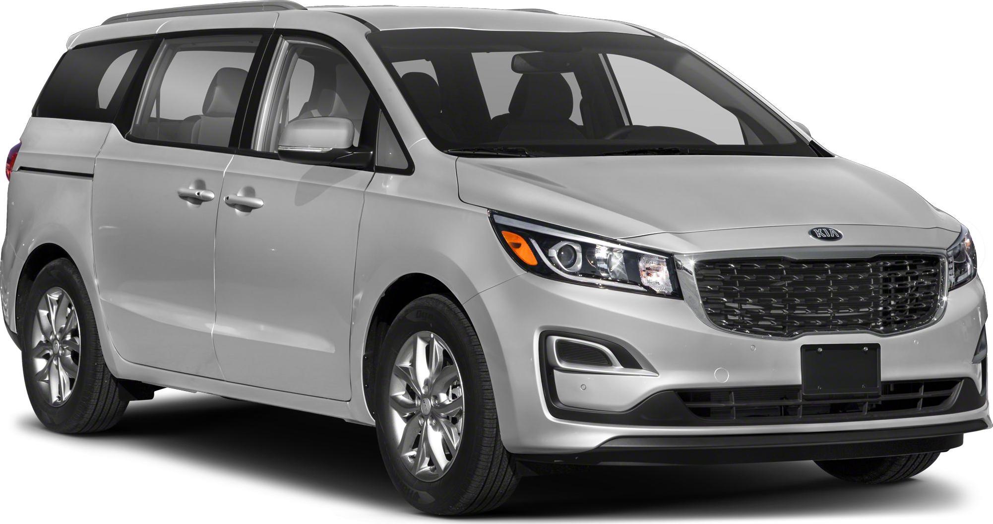 Front and side view of silver minivan with distinctive grille and headlights
