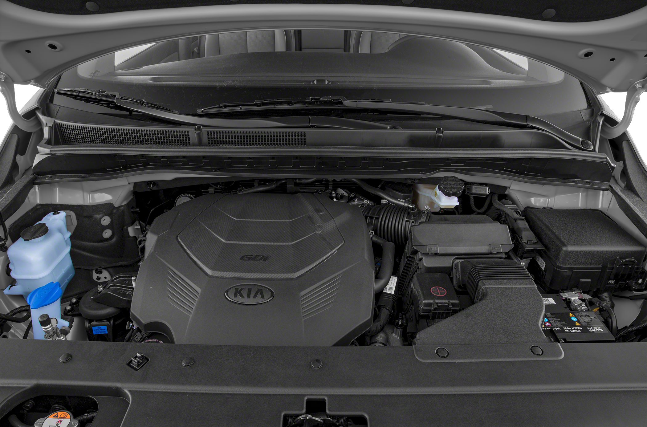 Engine bay with Kia GDI engine cover and surrounding components