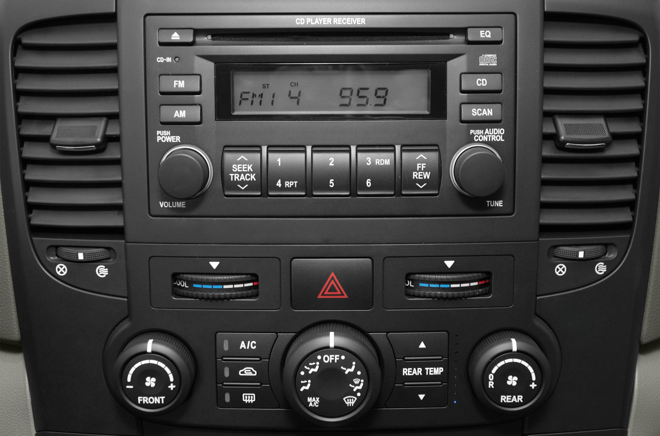 Car audio system and climate control panel with CD player and temperature controls
