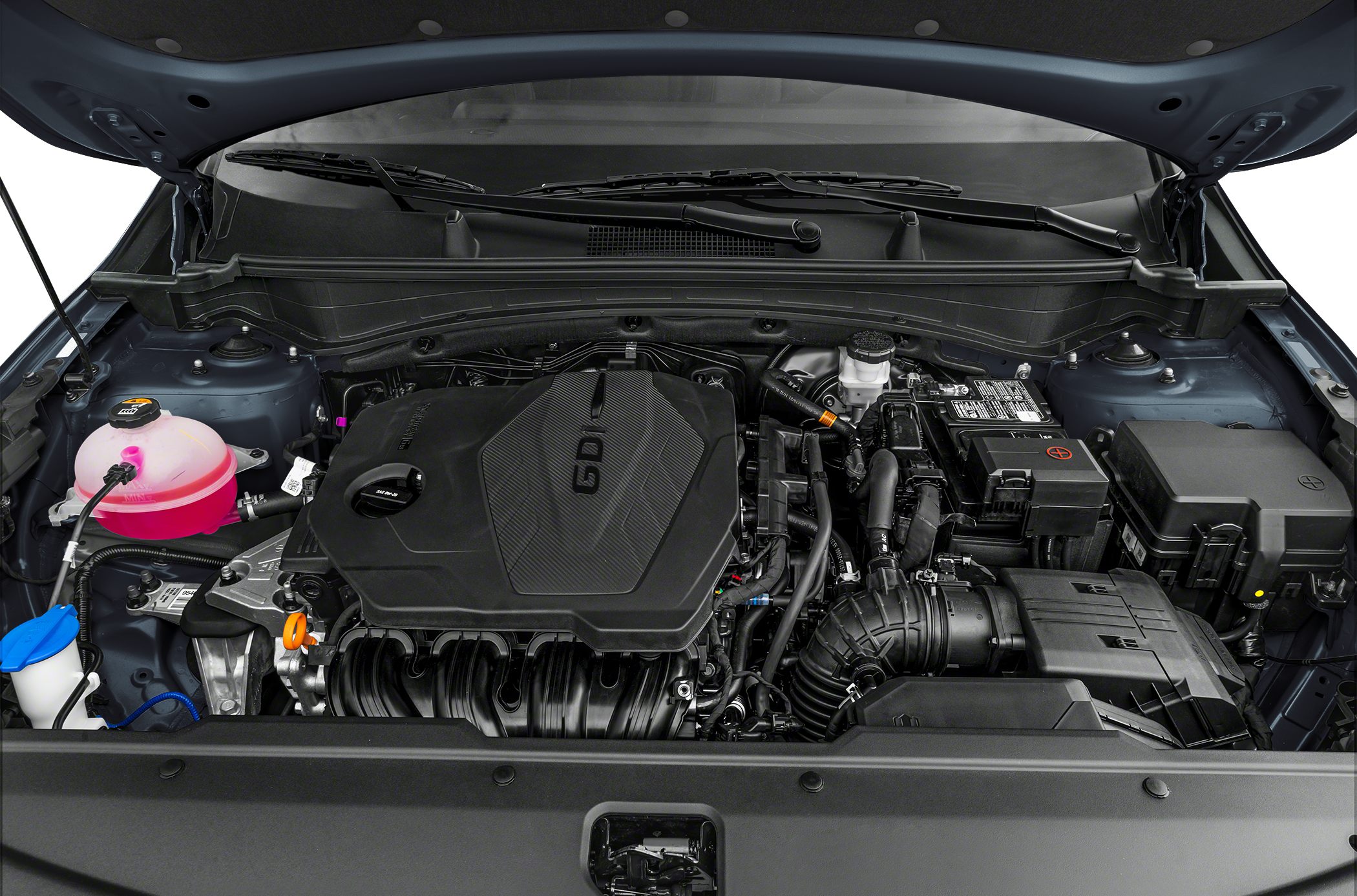 Engine bay with GDI engine and organized automotive components
