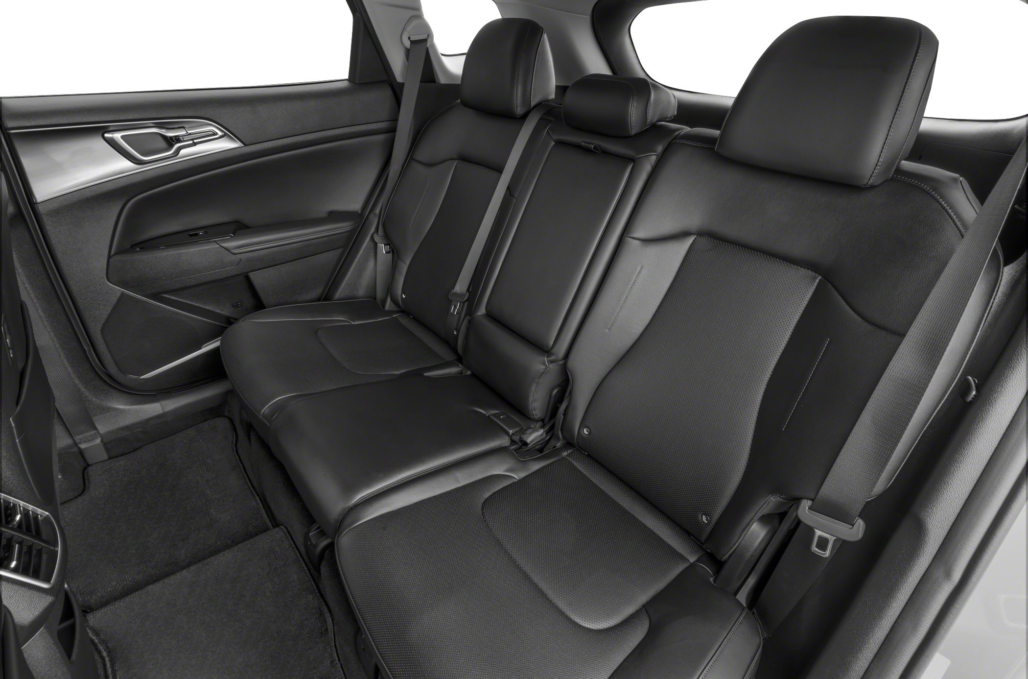 Black leather rear seats with seat belts and sleek door panel