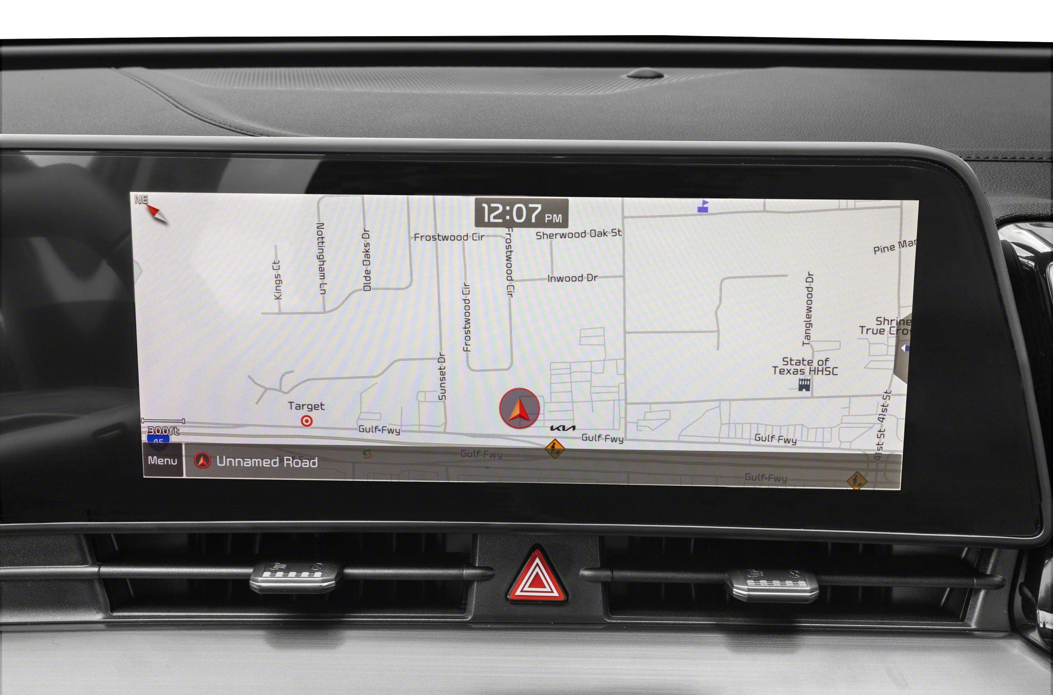 Car infotainment navigation display with air vents and hazard button
