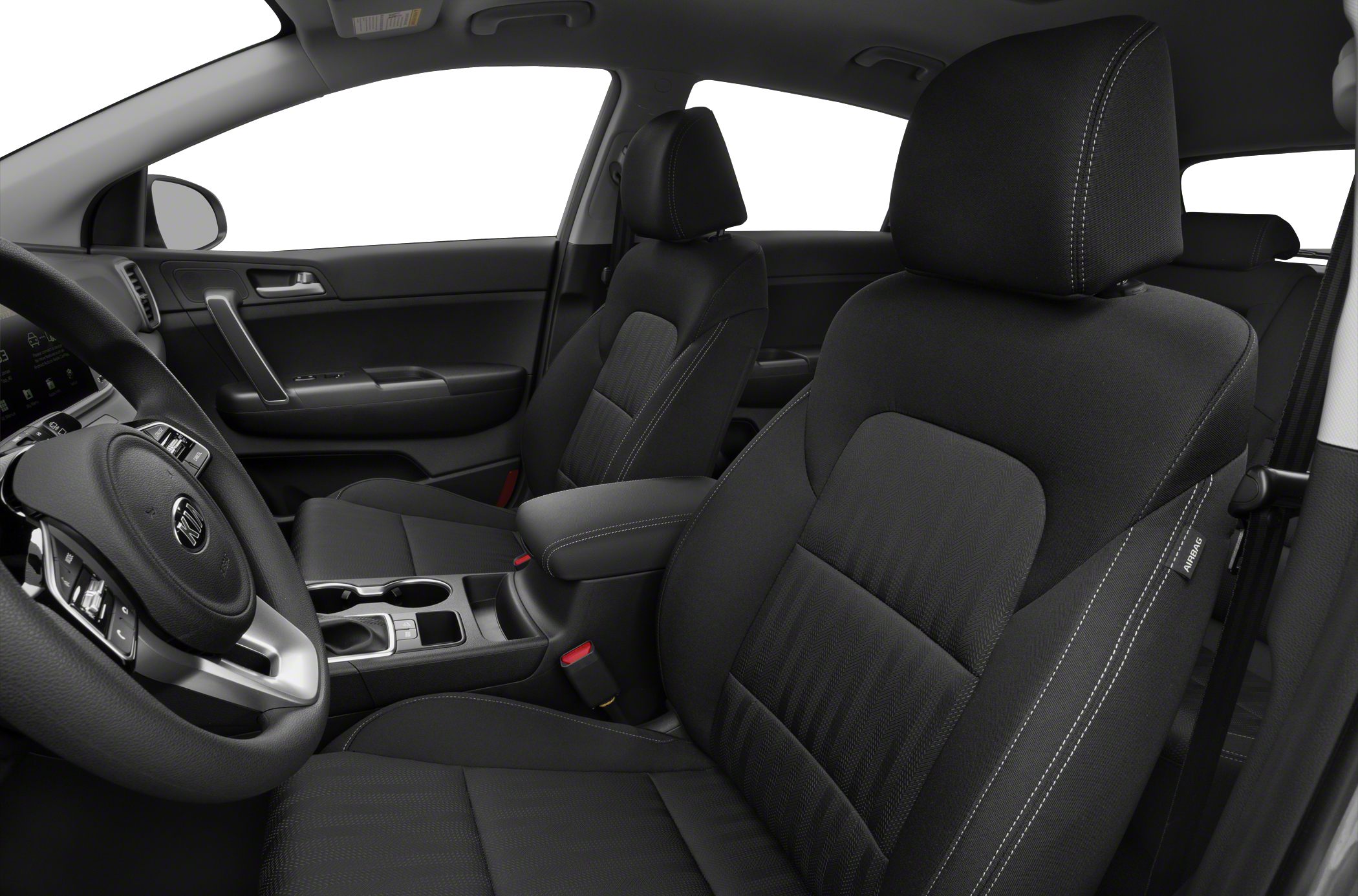 Black fabric front seats with detailed stitching and central console interior