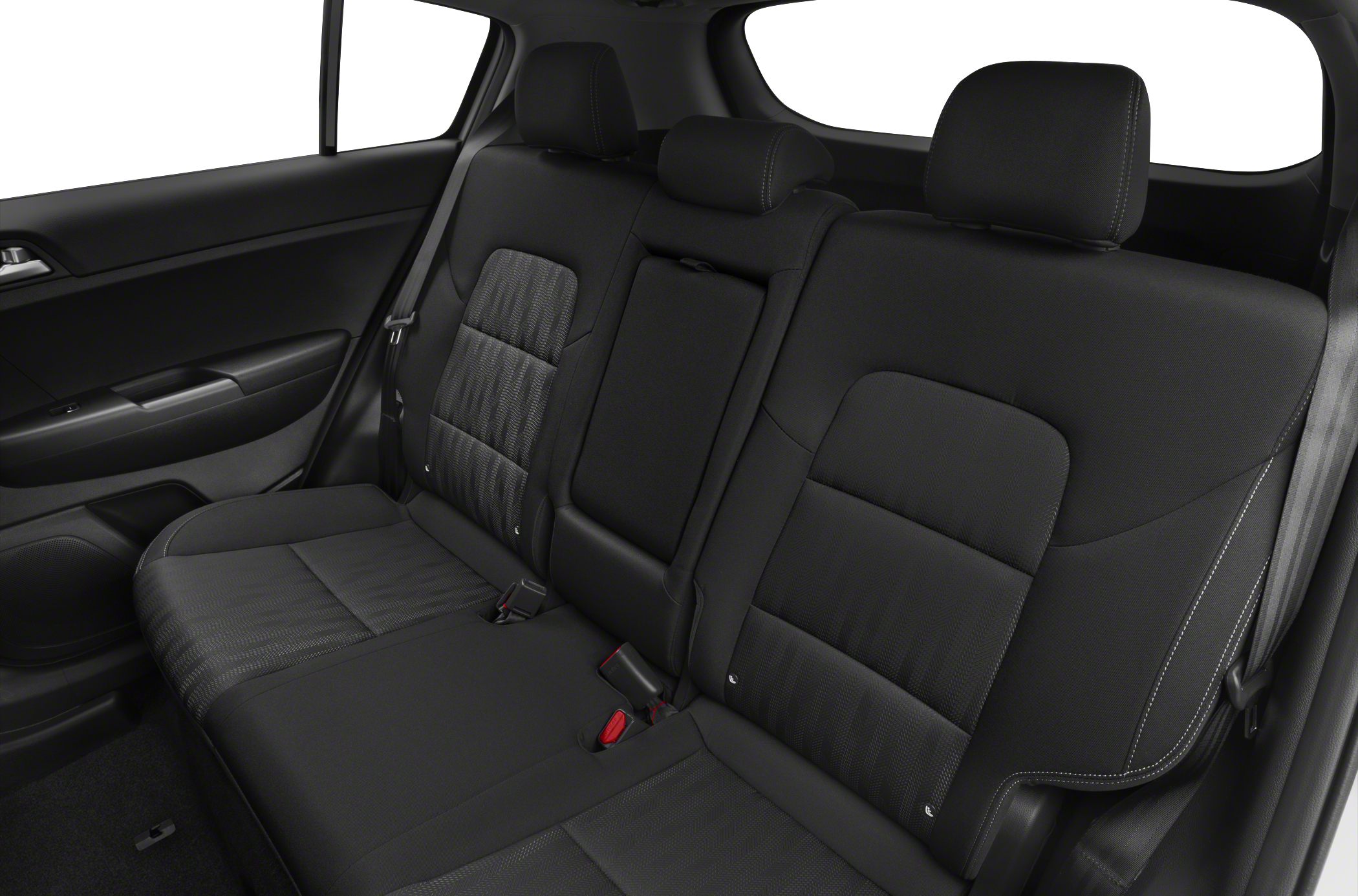 Rear seat interior with black fabric upholstery featuring headrests and seat belts