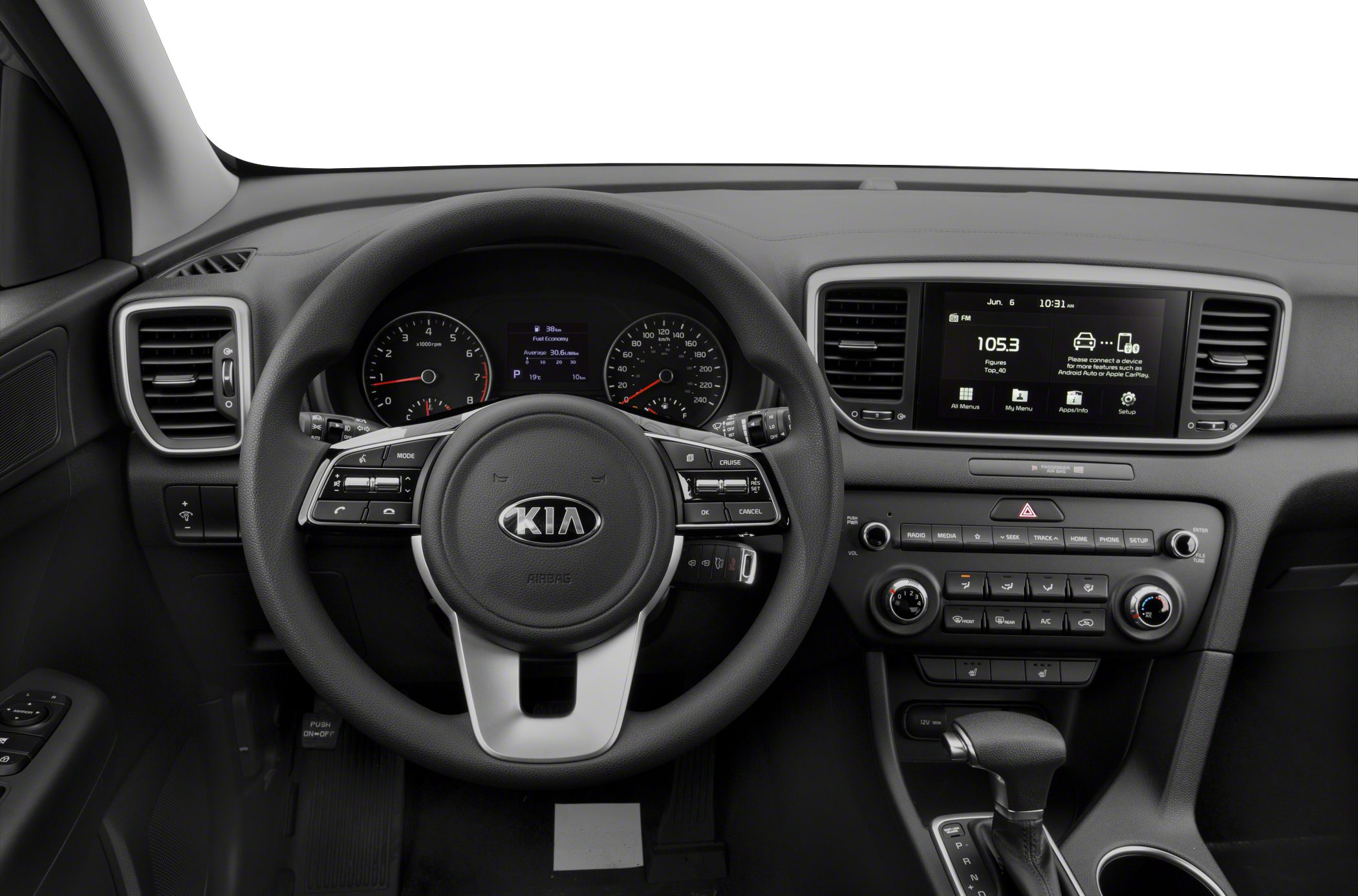 Dashboard and steering wheel with infotainment and control buttons