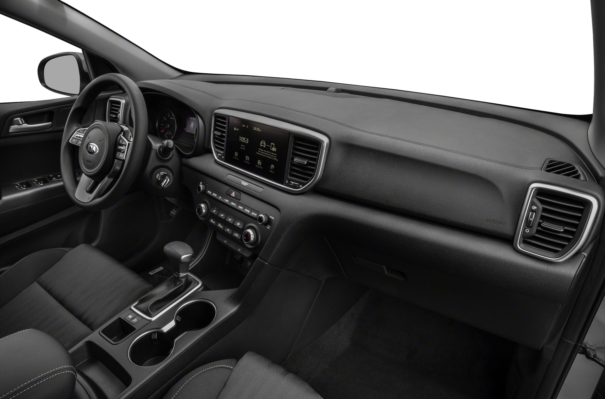 Modern dashboard and center console with touchscreen and gear shift