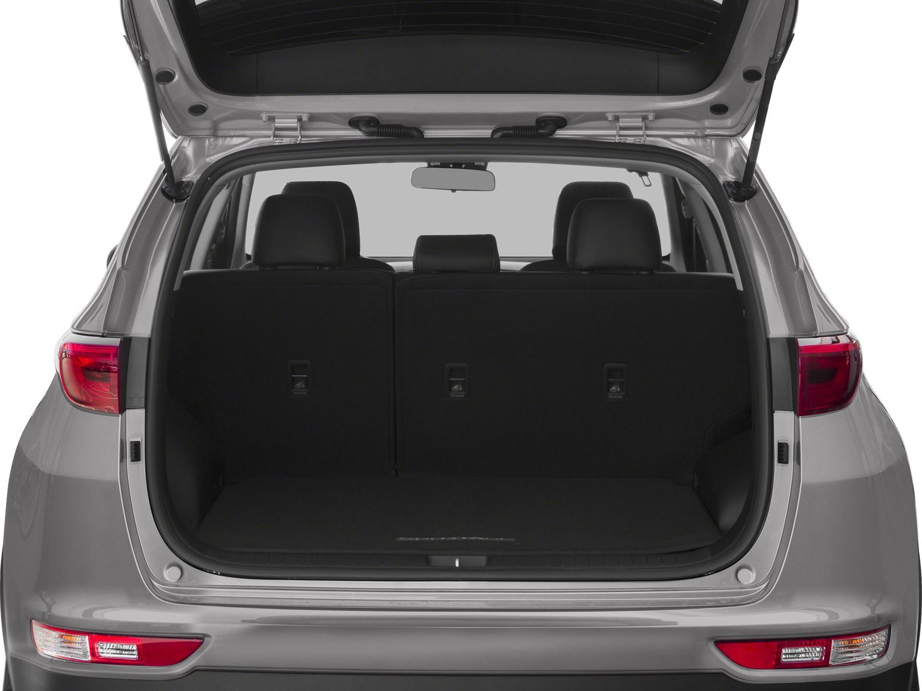 SUV rear cargo space with open liftgate and three rear seats.