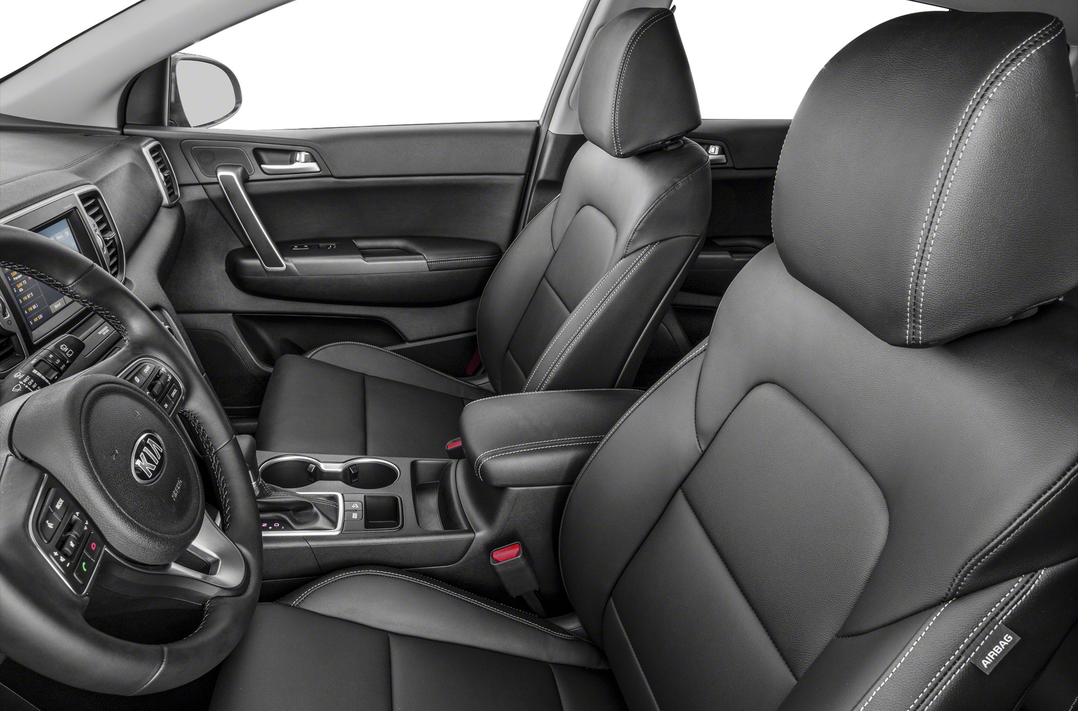 Black leather front seats and steering wheel with detailed stitching