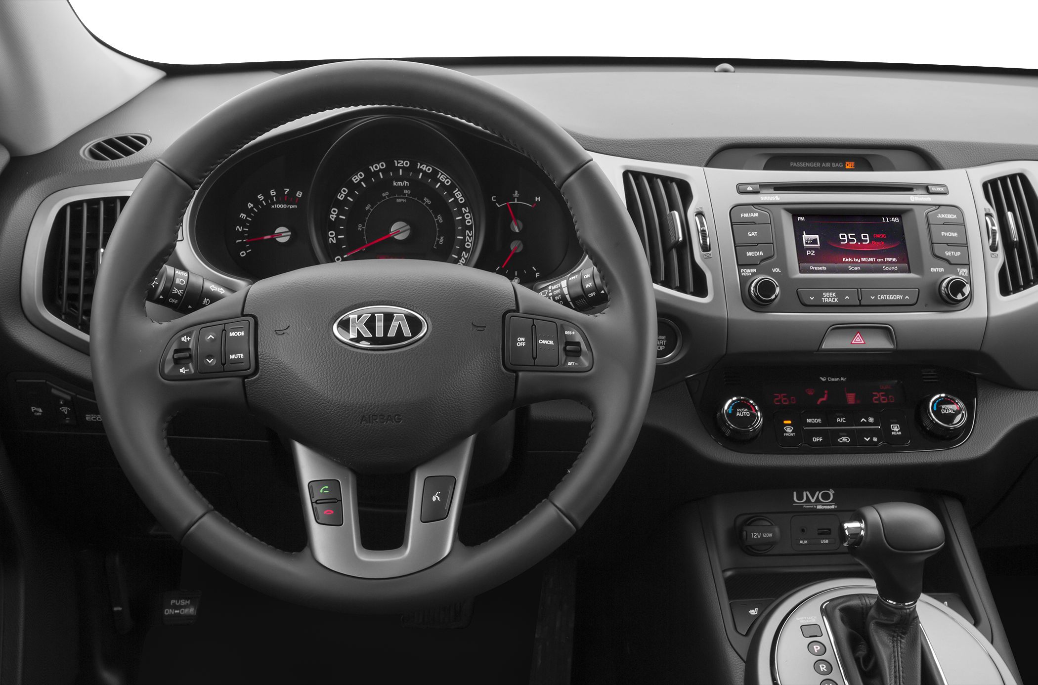 Steering wheel, dashboard, infotainment system, and climate control panel