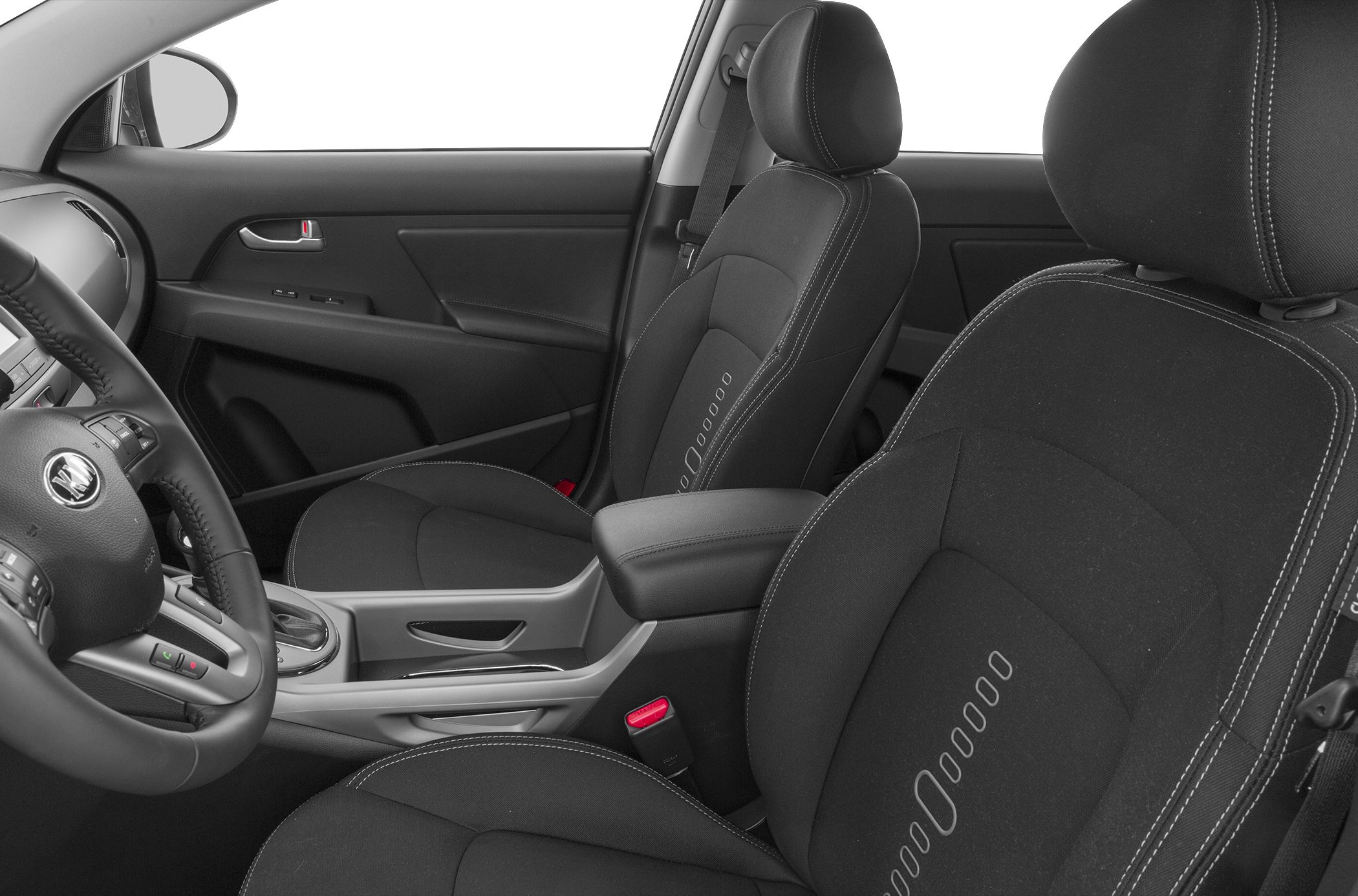 Front seating and dashboard interior with fabric seats and console features