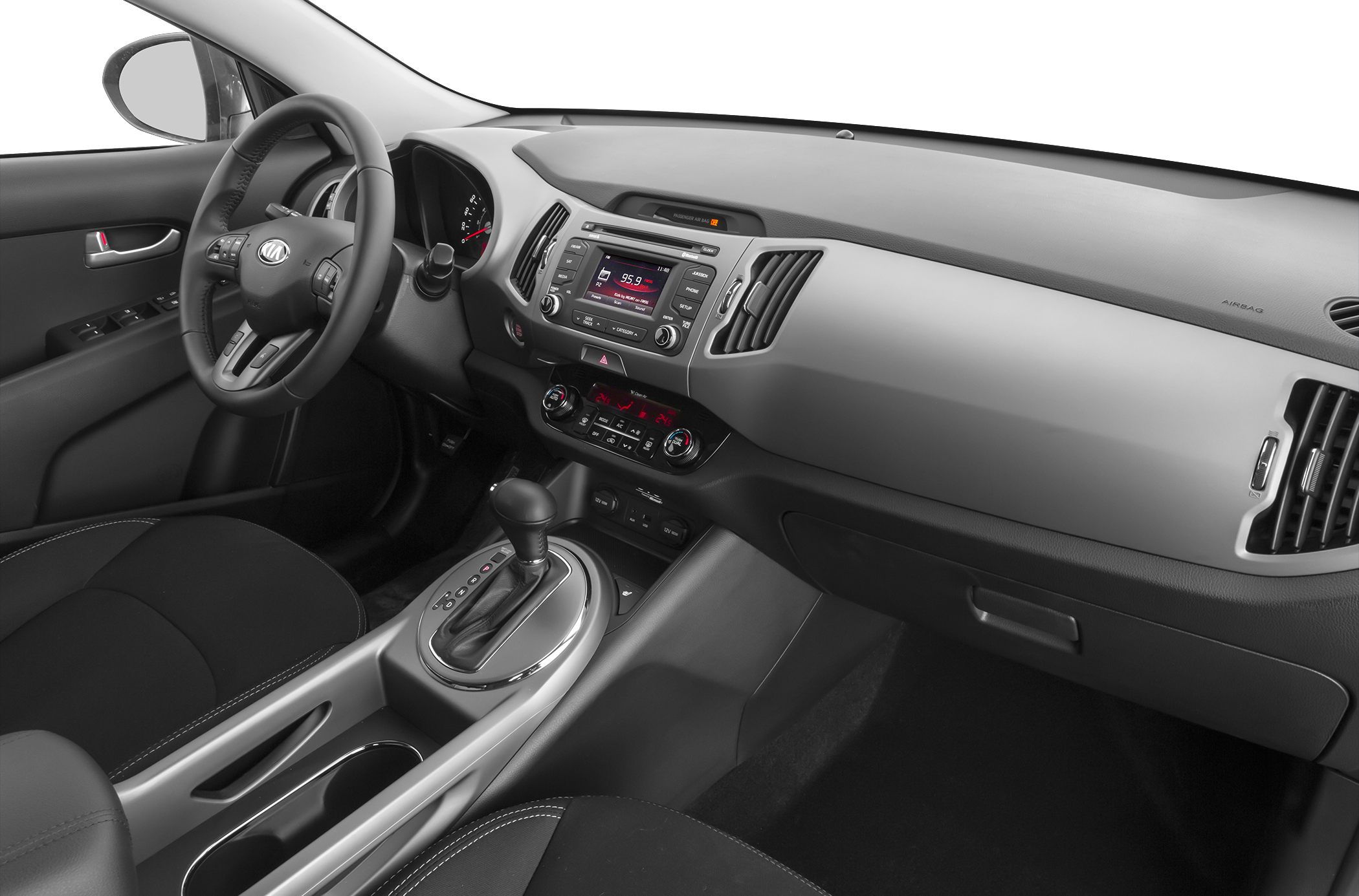 Dashboard and center console with steering wheel and infotainment system
