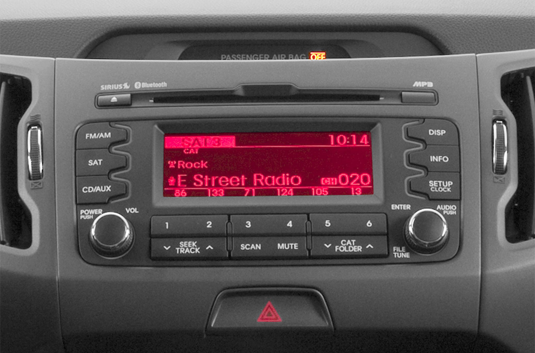 Car dashboard radio and media control panel with Bluetooth and CD/AUX options