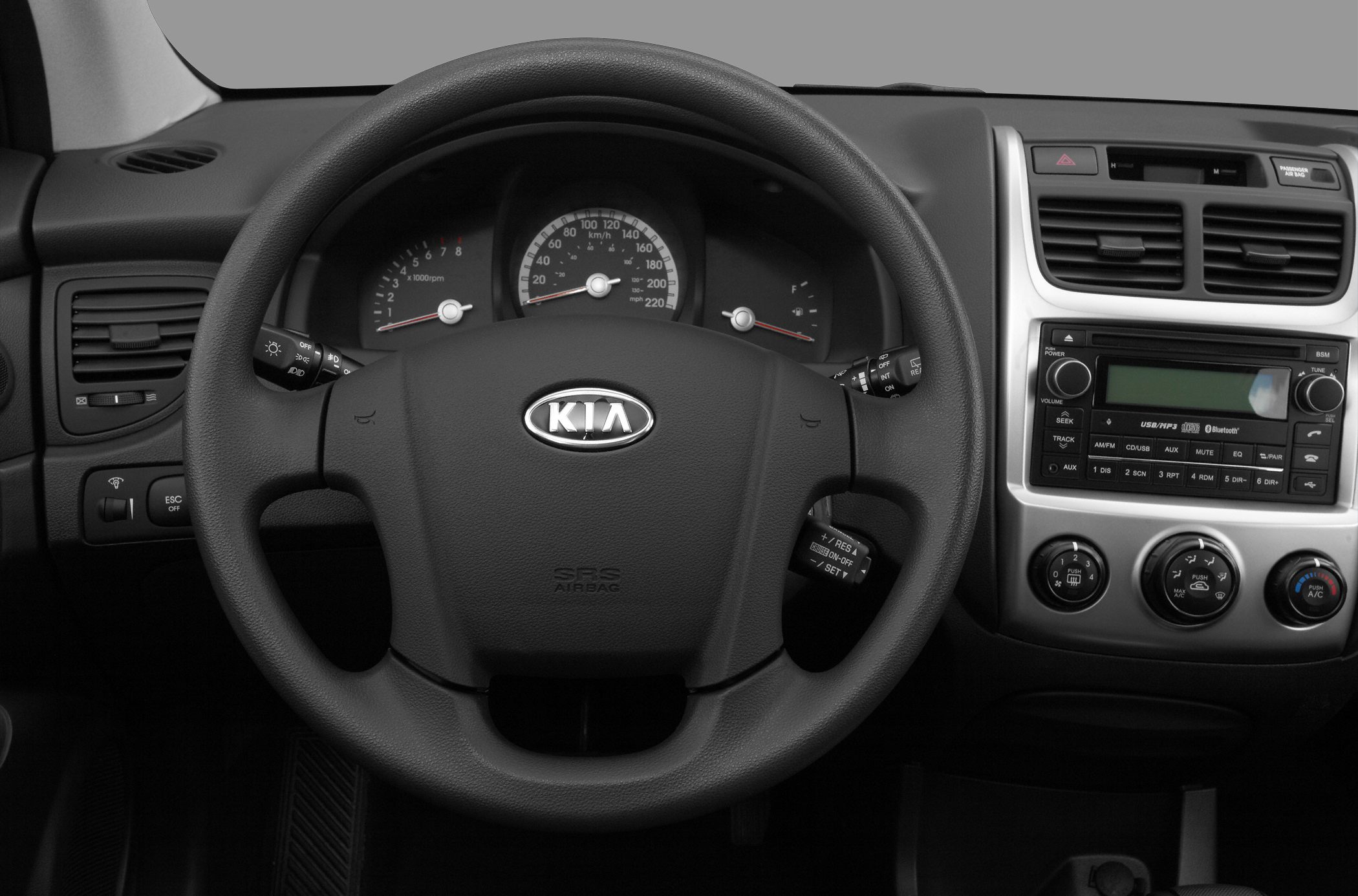 Steering wheel, instrument cluster, and center console controls