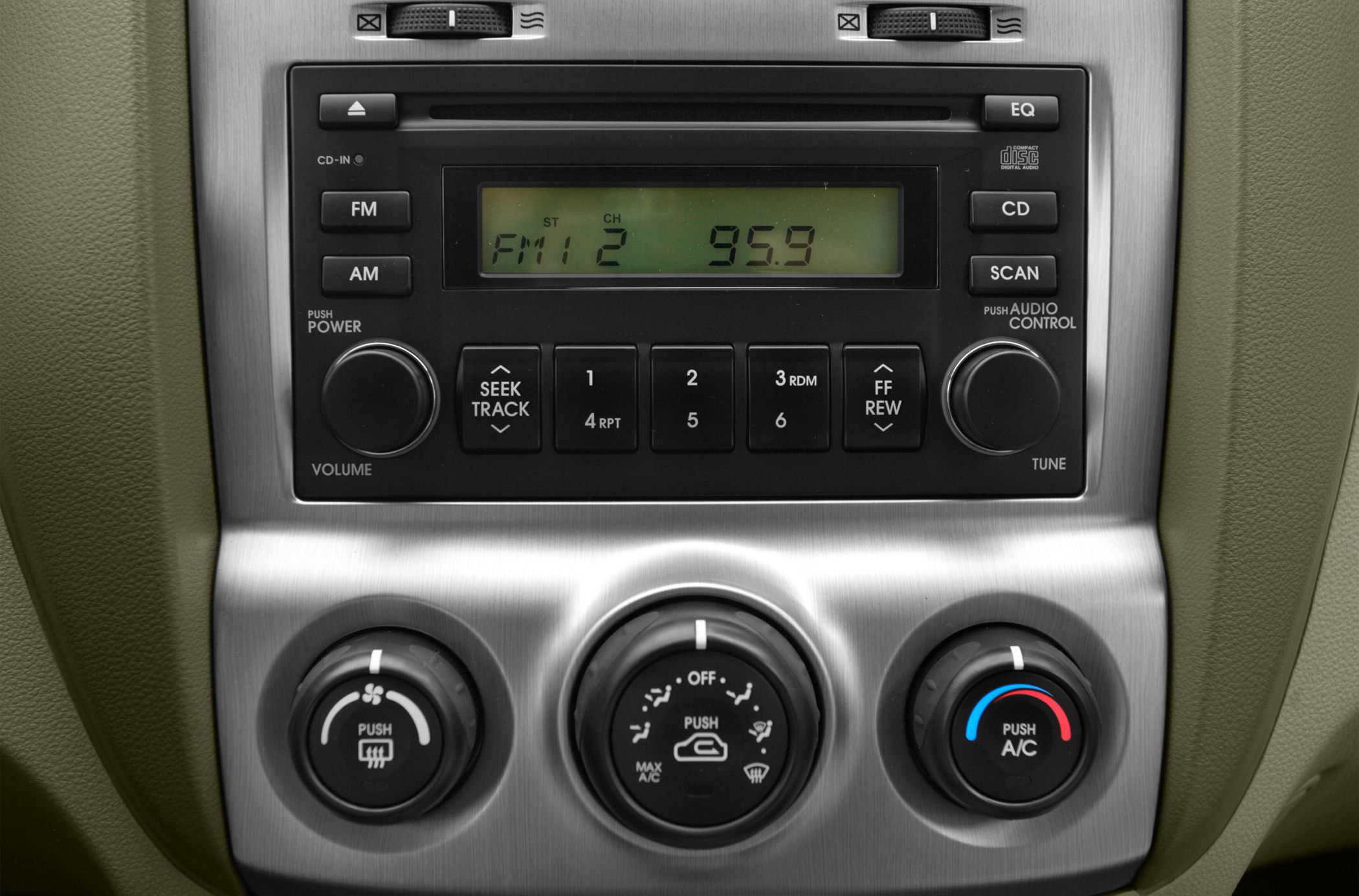 Car radio display with manual climate control knobs