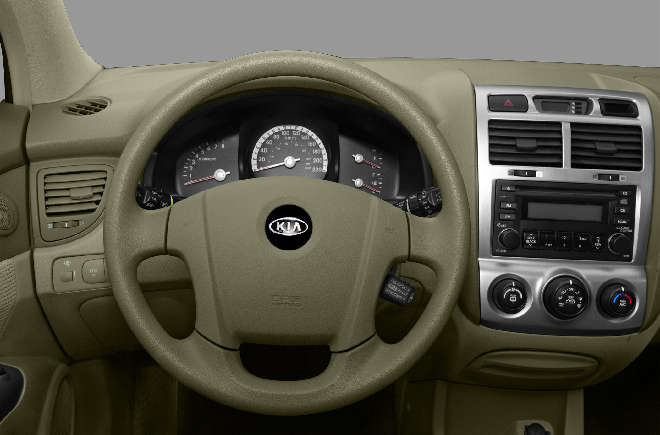 Dashboard and steering wheel with instrument cluster and climate controls