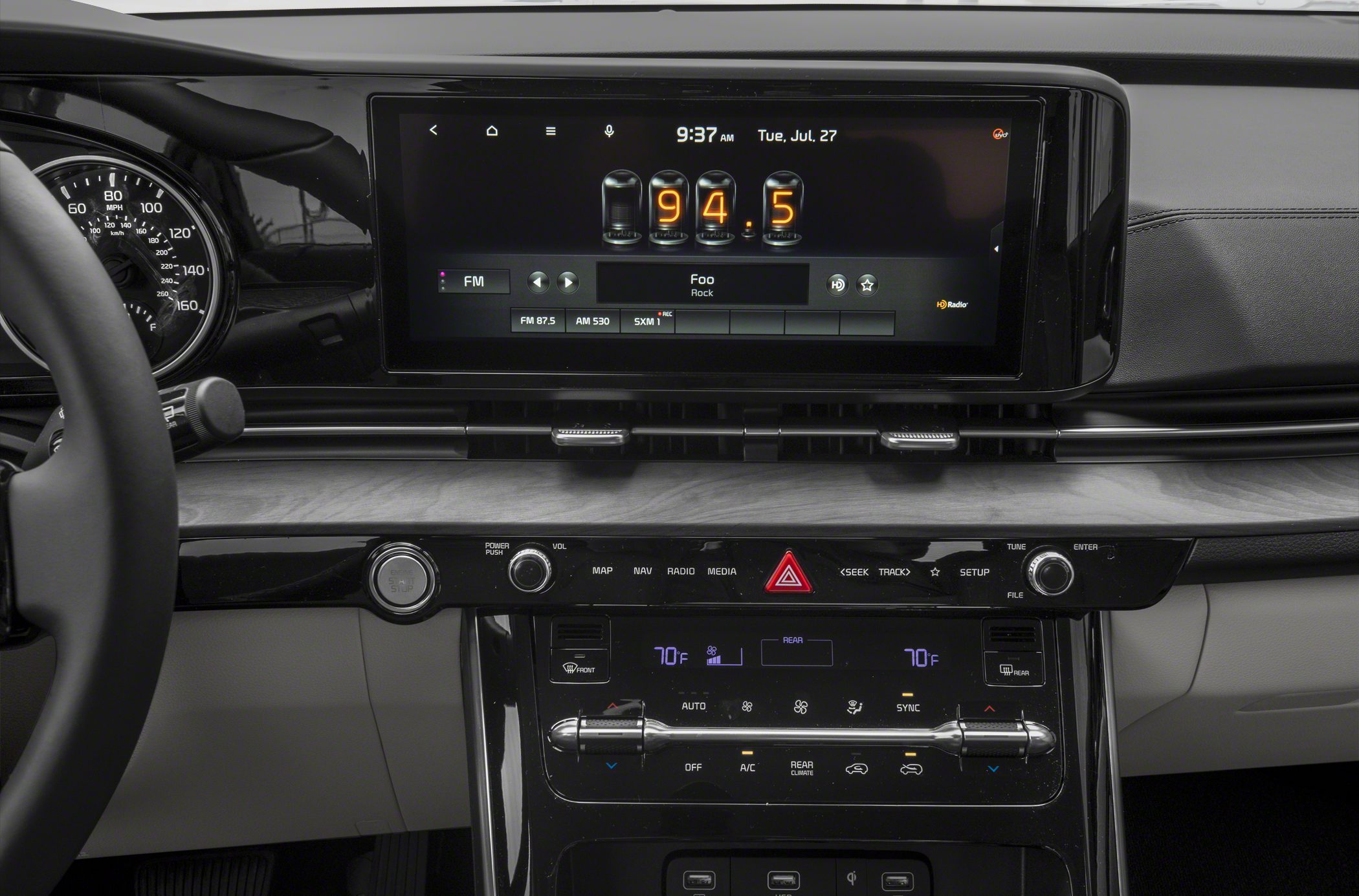 Digital dashboard with touchscreen infotainment and dual-zone climate control