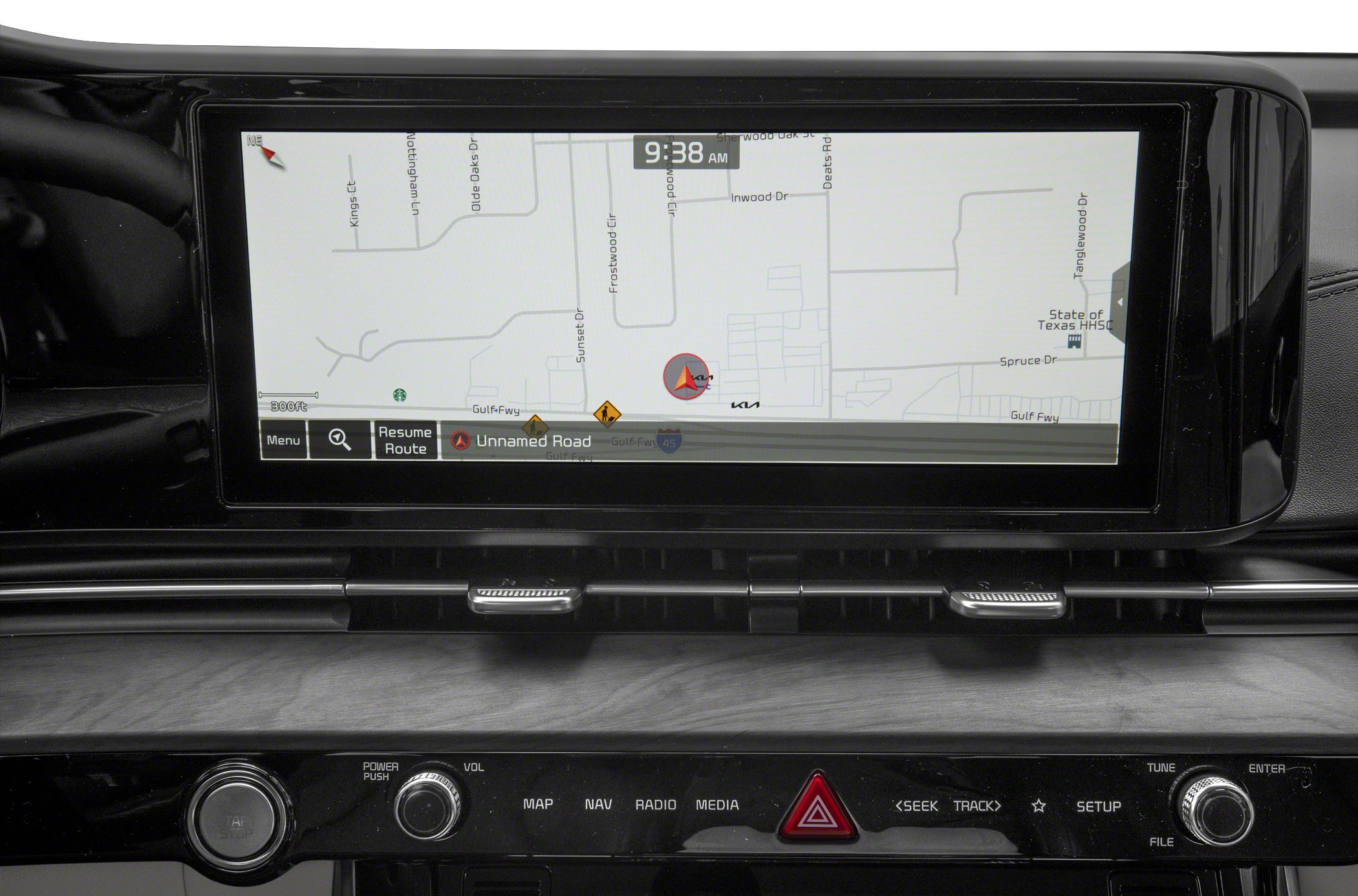 Digital navigation screen with infotainment controls and map display