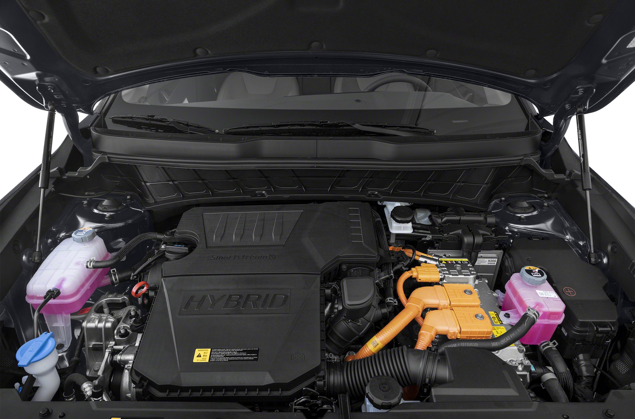 Detailed hybrid engine compartment with orange high-voltage cables and labeled components