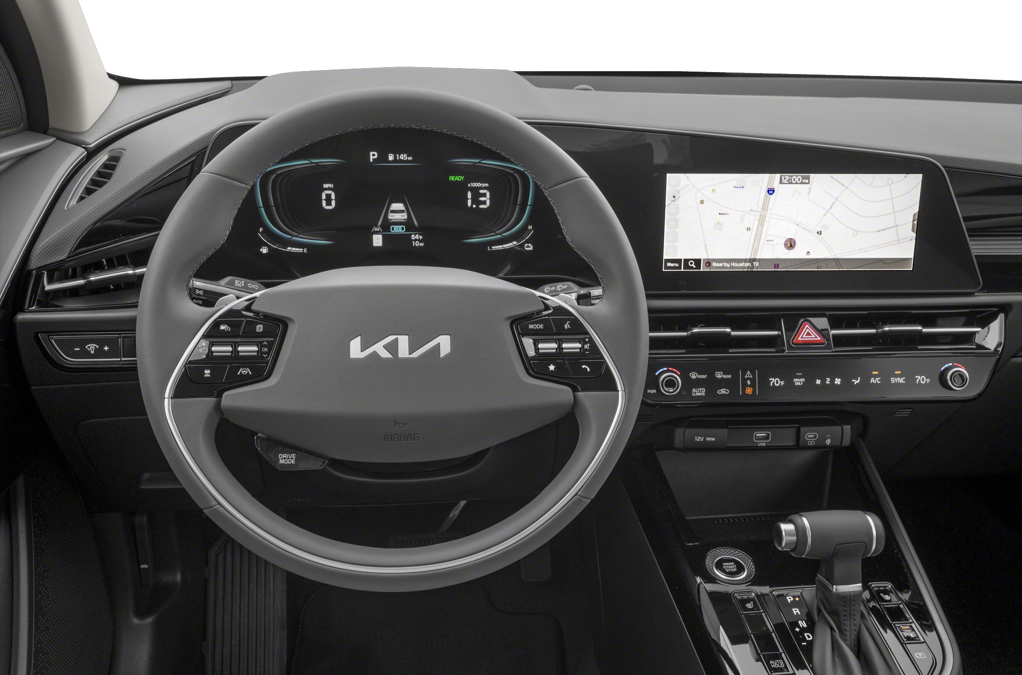 Digital dashboard and touchscreen navigation with modern steering wheel and gear shift
