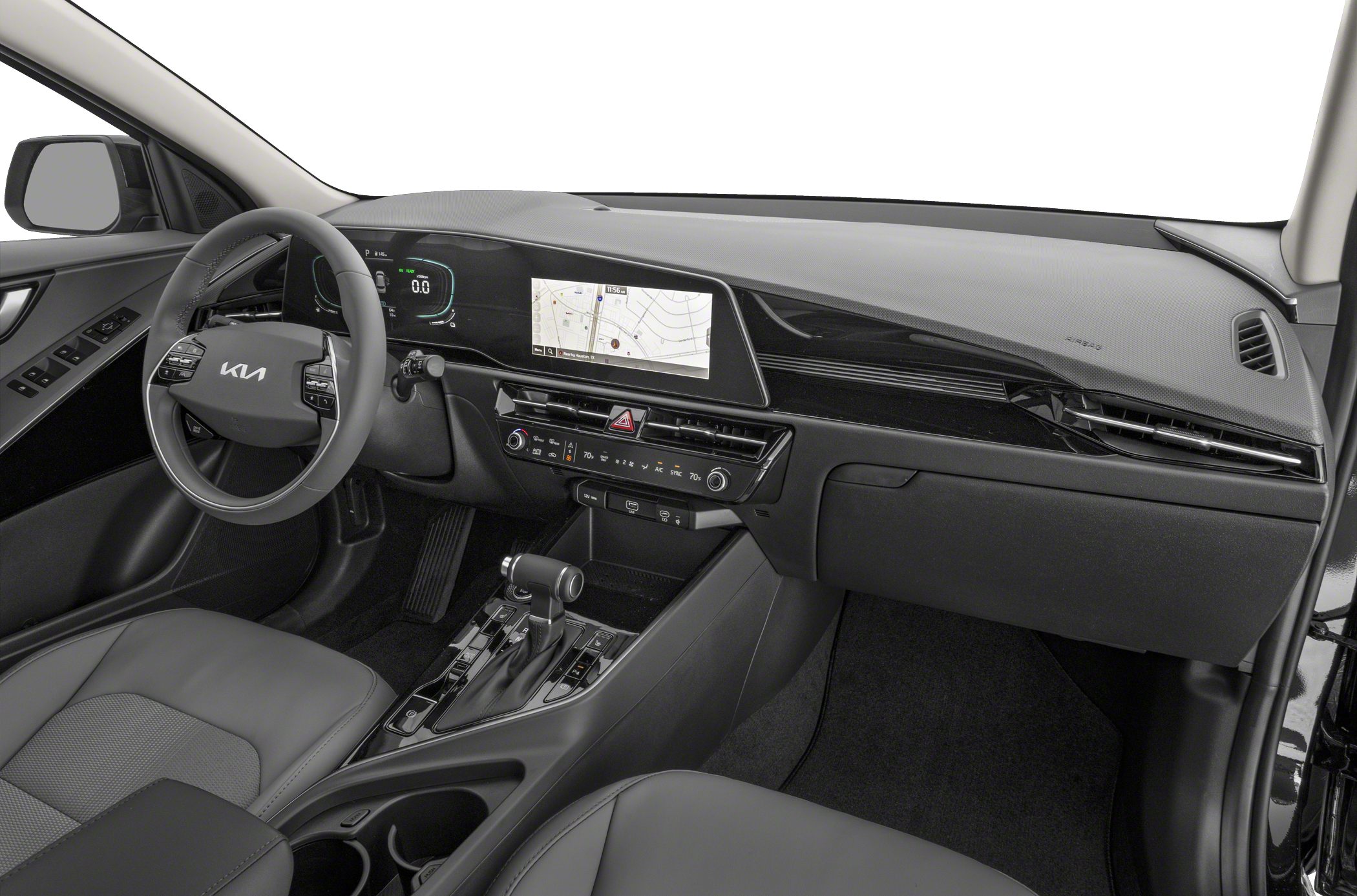 Digital instrument cluster, touchscreen navigation, steering wheel controls, climate control panel