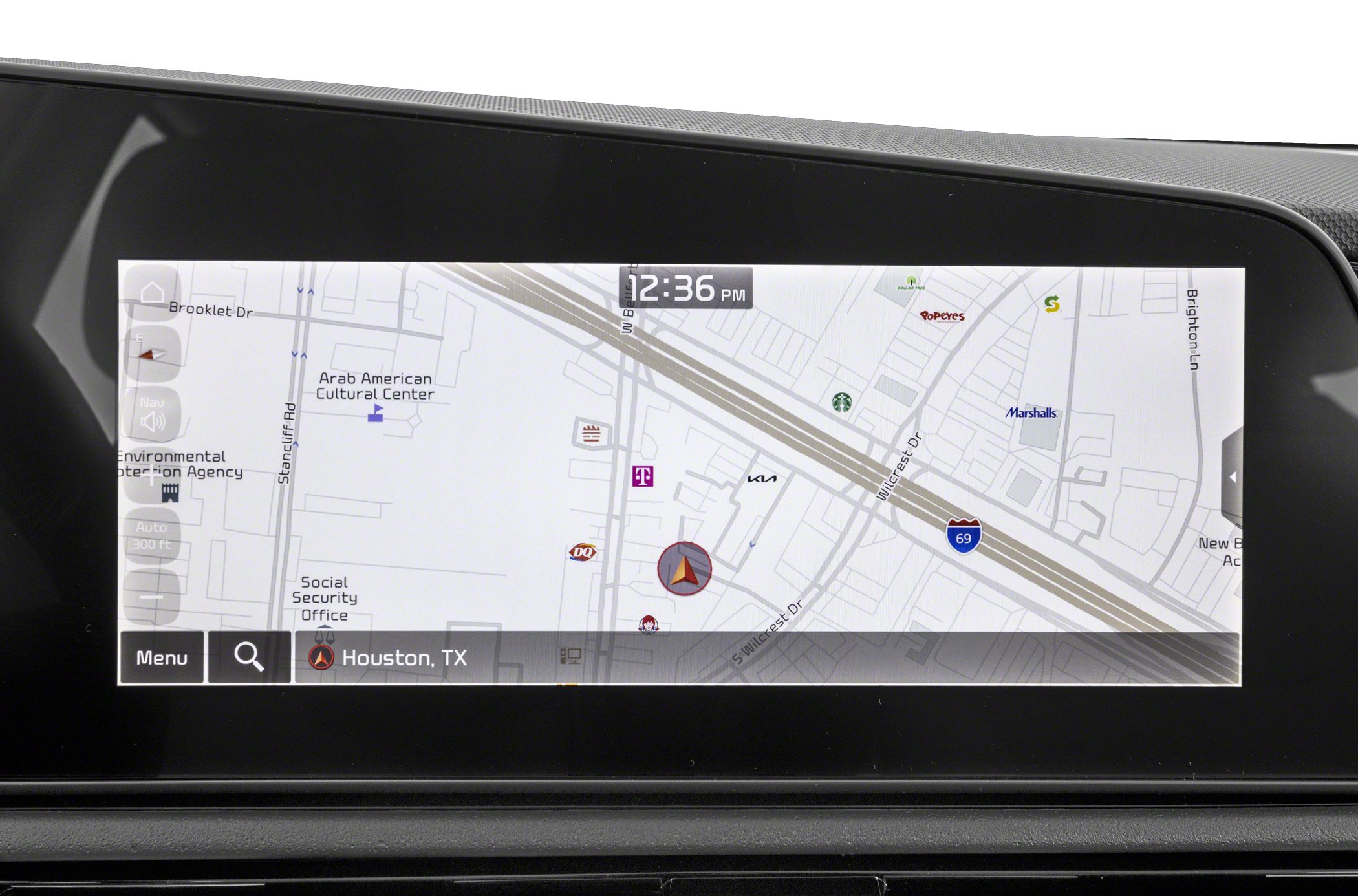 High-resolution car navigation display showing detailed map interface