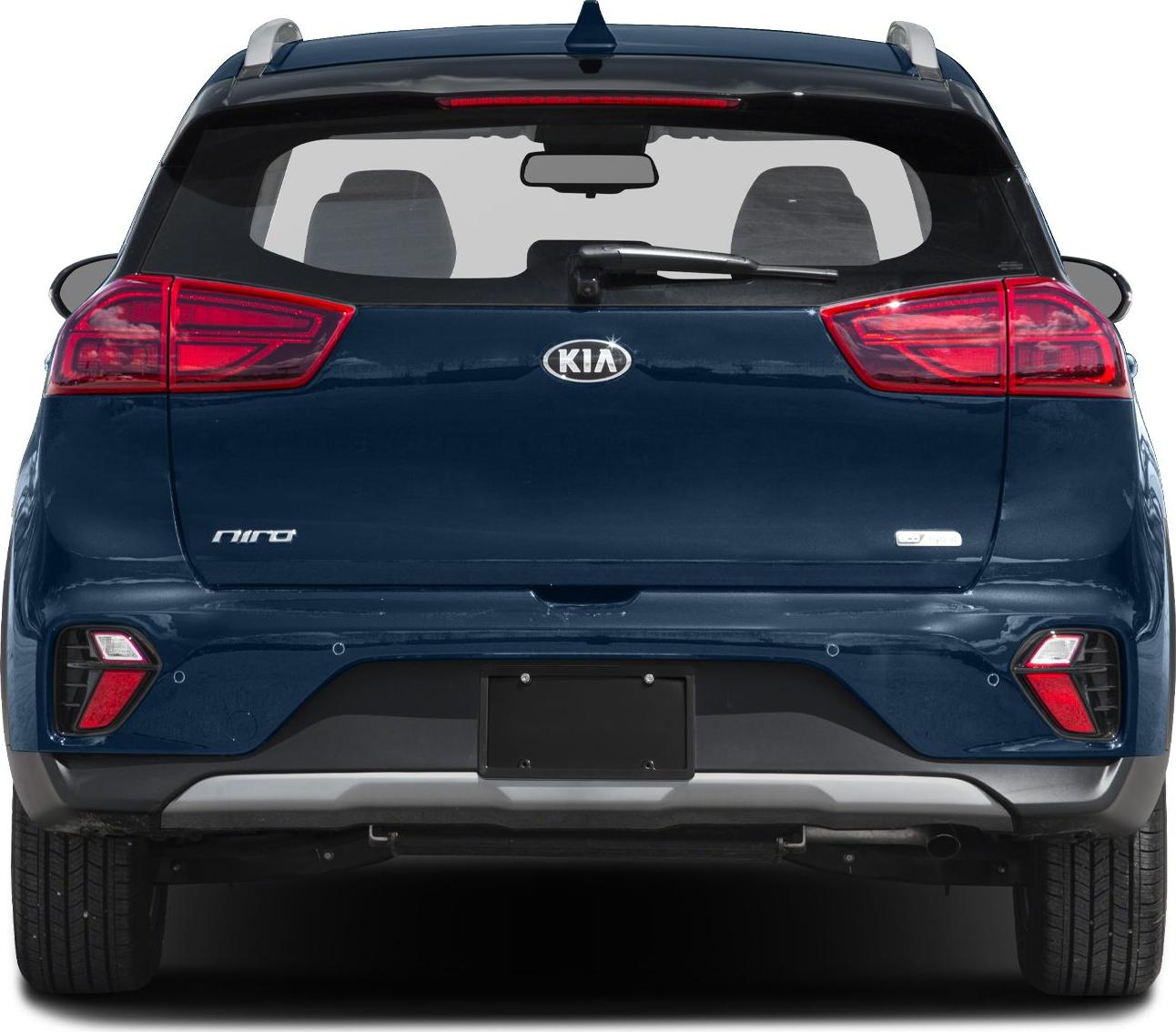 Rear view of blue SUV with distinct tail lights and rear wiper