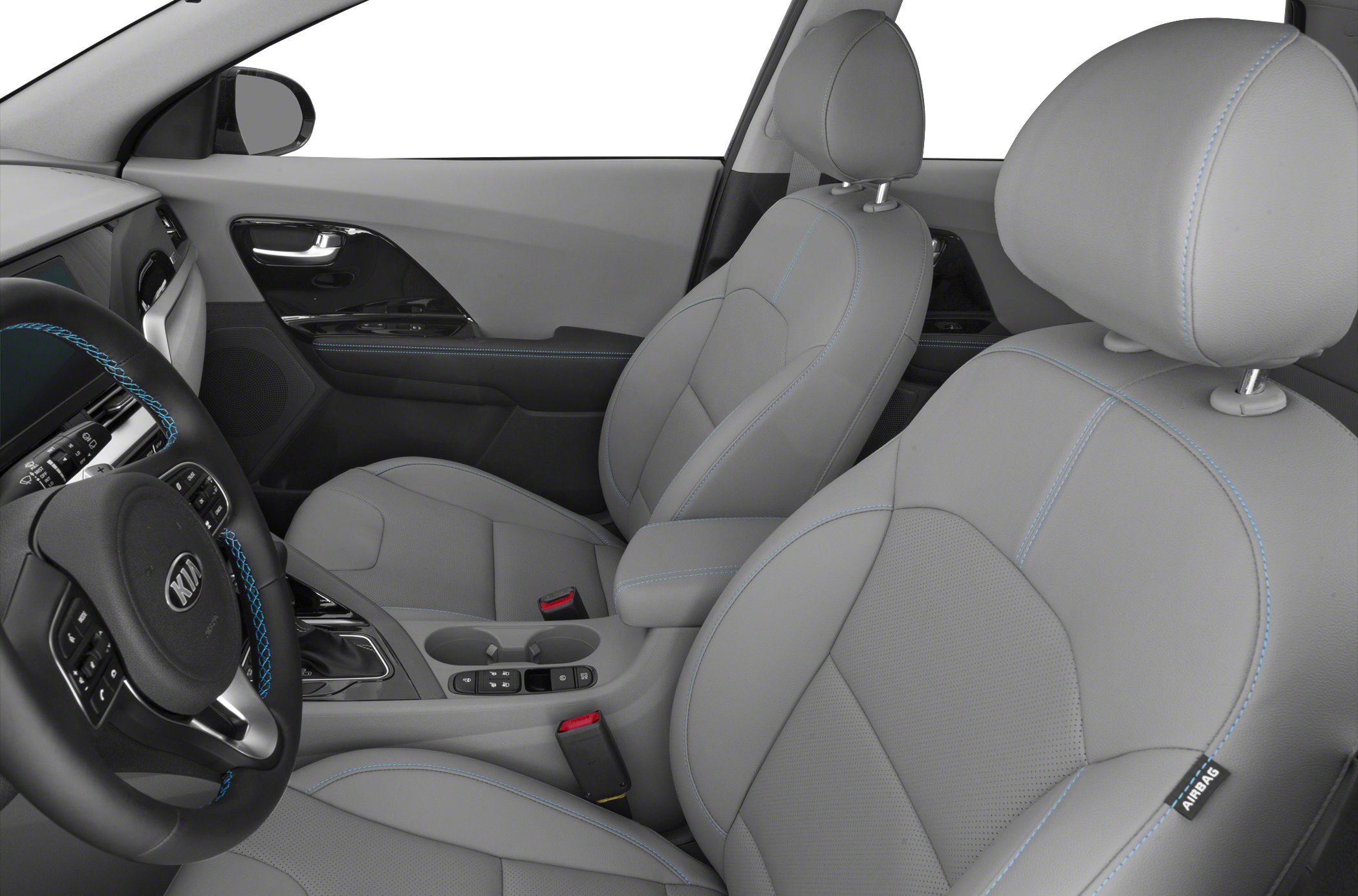 Front interior with leather seats and detailed stitching