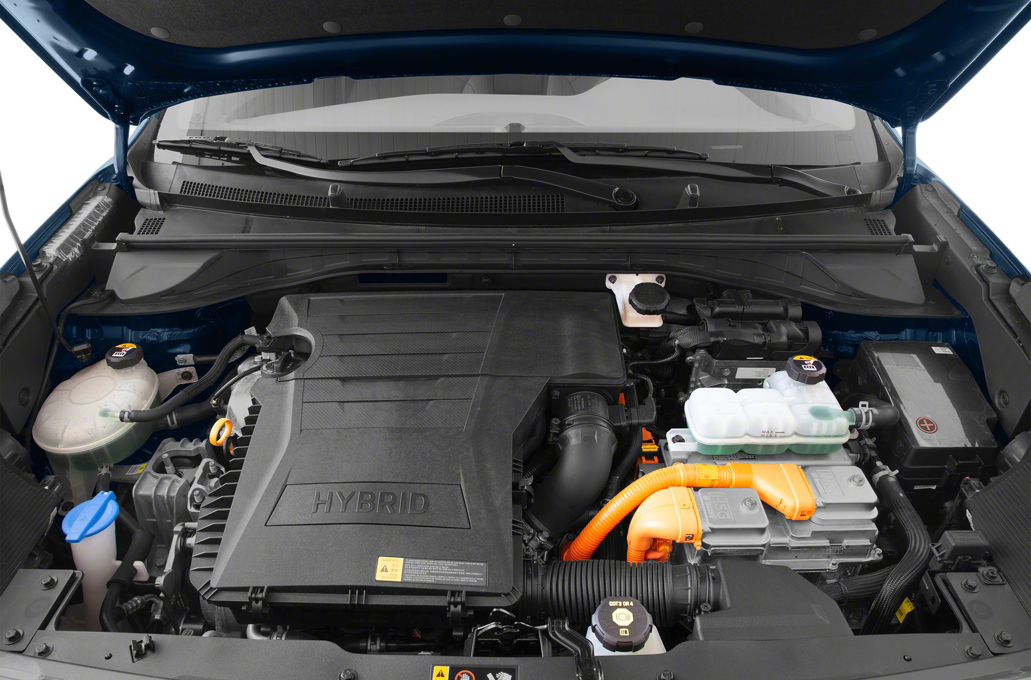 Hybrid engine bay with organized layout and orange high-voltage cables