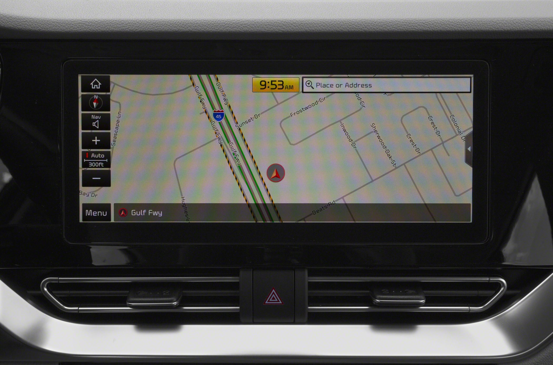 Car navigation system screen with map and controls
