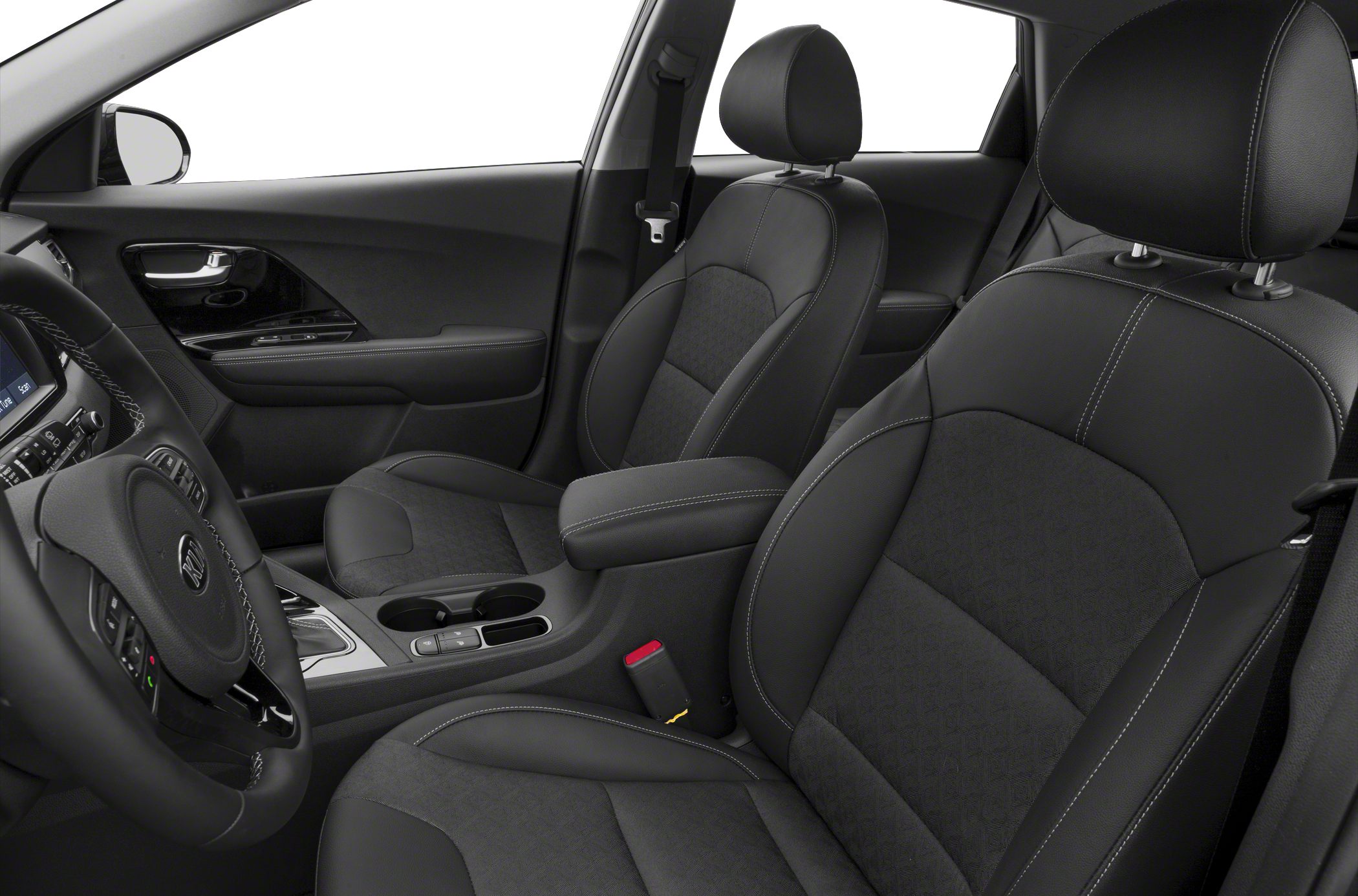 Black textured car seats with armrest and modern door panel